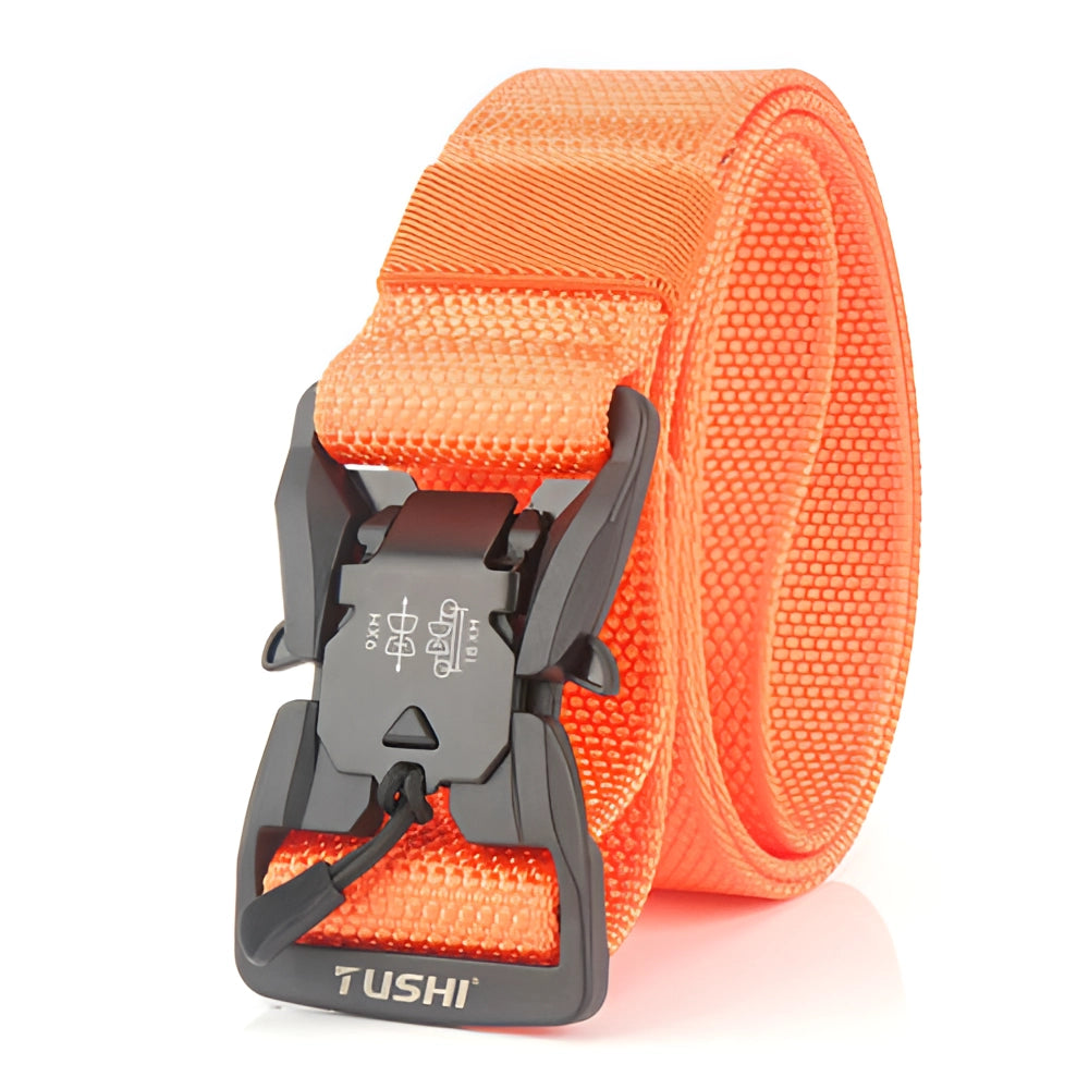 Adjustable tactical belt in orange with quick-release buckle, durable nylon material, and designed for heavyweight load.