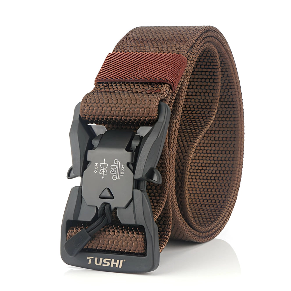 Adjustable brown tactical belt made of durable nylon with a quick-release buckle, designed to support heavyweight loads.