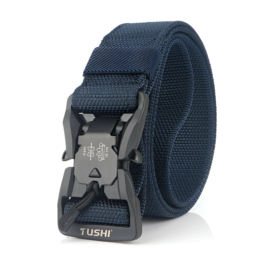 Adjustable navy tactical belt made of durable nylon with a quick-release buckle, designed for heavyweight load.