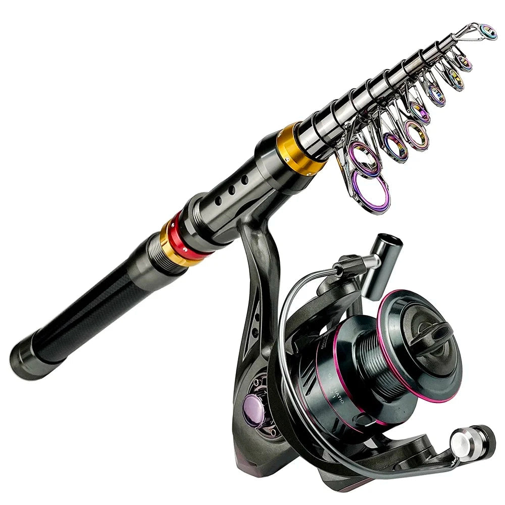 Adjustable telescopic fishing rod and reel combo, portable and lightweight, displayed fully extended on a white background.