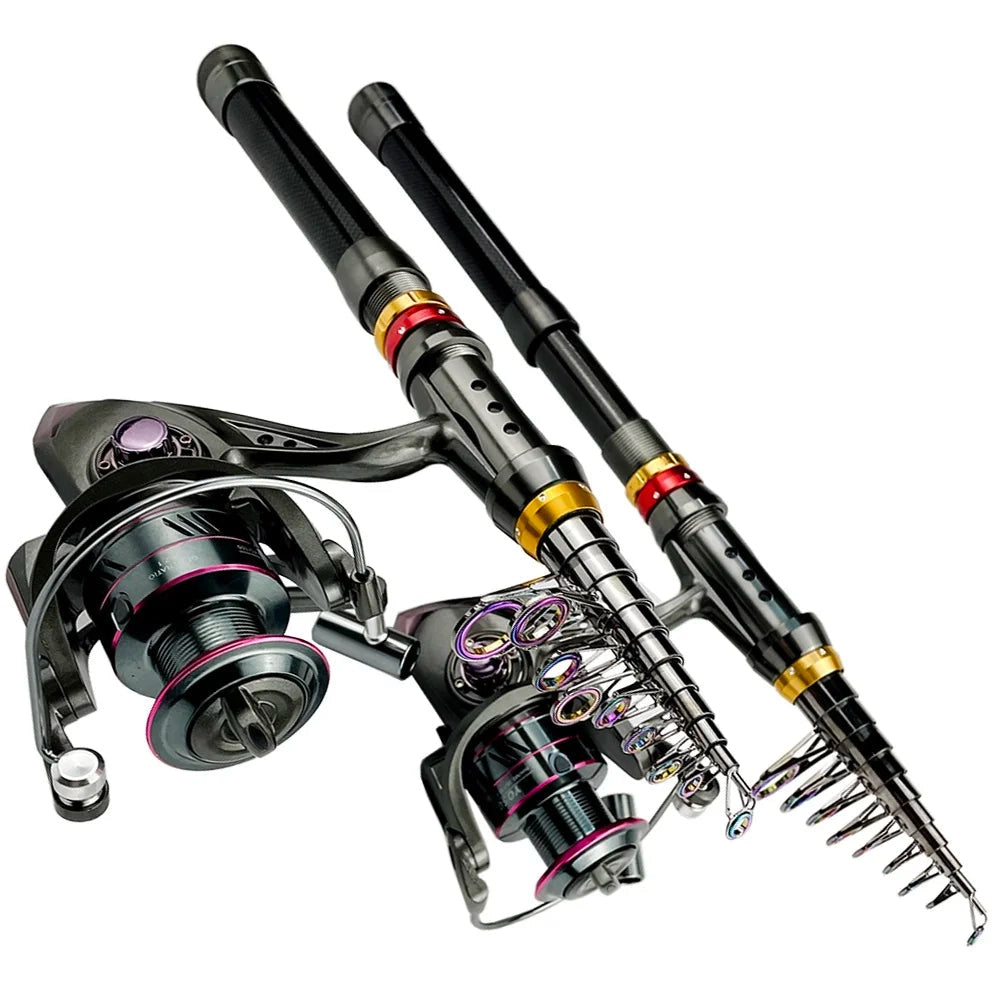 Adjustable telescopic fishing rod and reel combo, portable and lightweight gear with metallic finish and ergonomic handle.