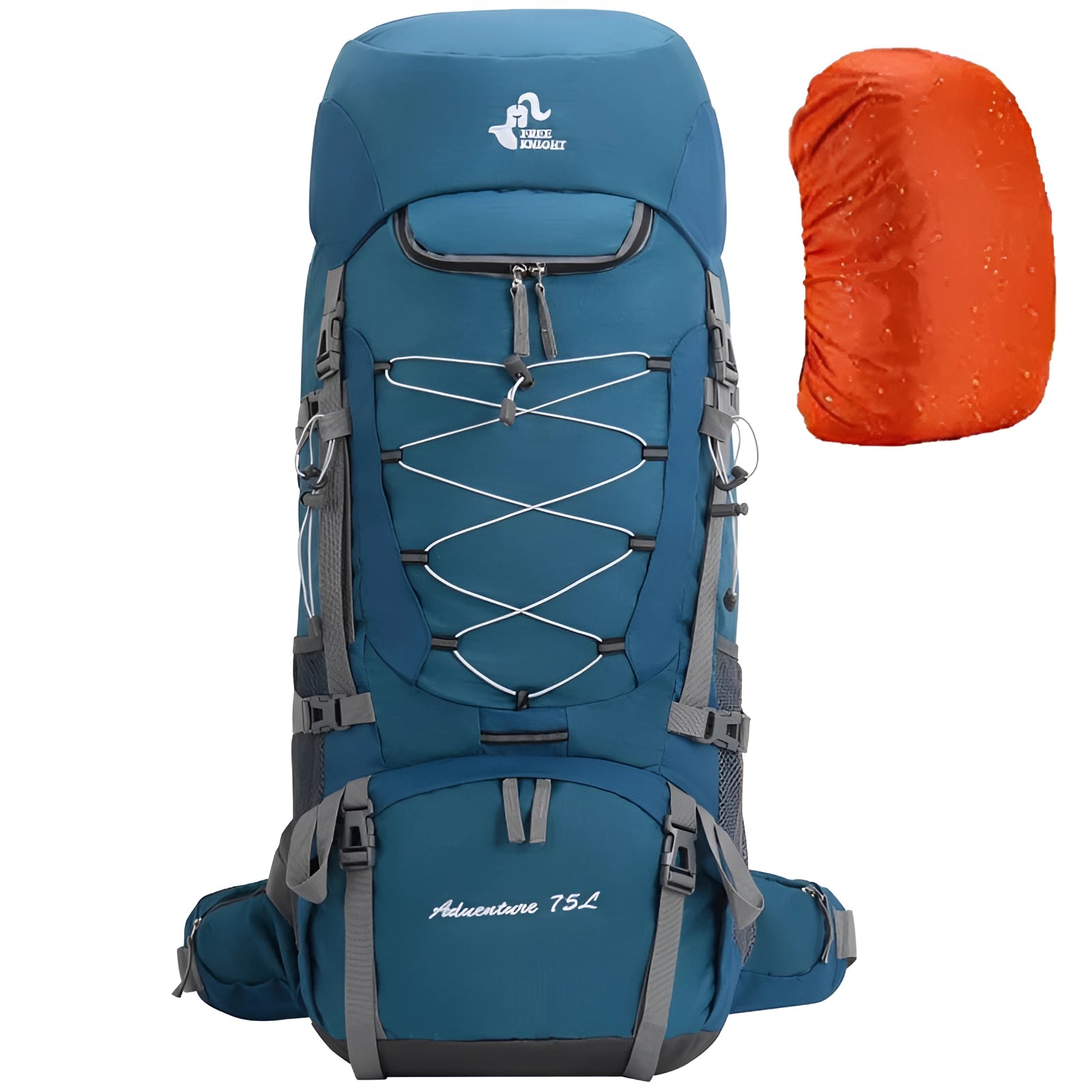 A vibrant electric blue 75-liter waterproof hiking backpack with a rain cover, designed for outdoor adventures, displayed on a plain background.