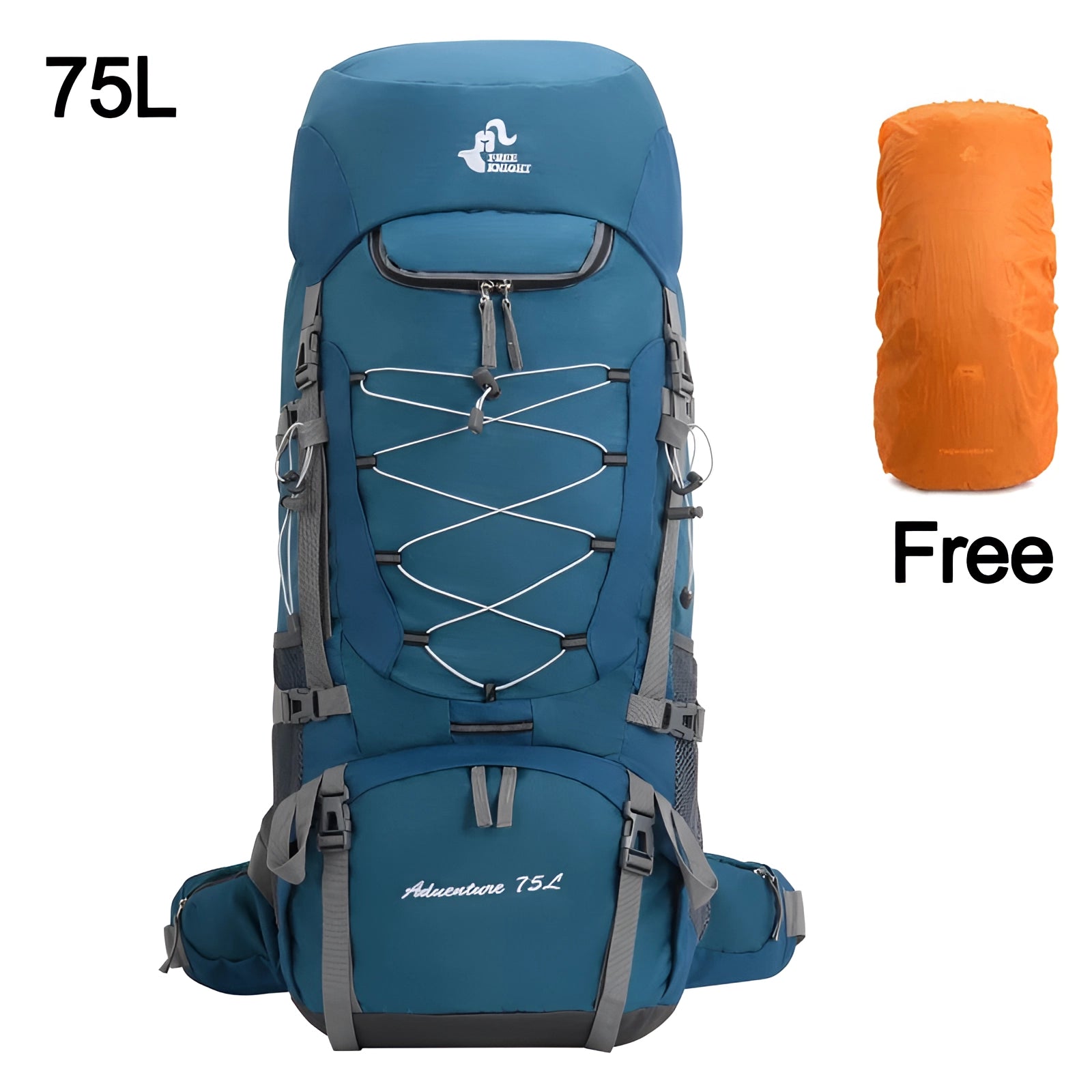 Adventure 75L Waterproof Hiking Backpack in Decent Blue with Rain Cover, featuring durable composite material and sports gear design suitable for recreational activities.