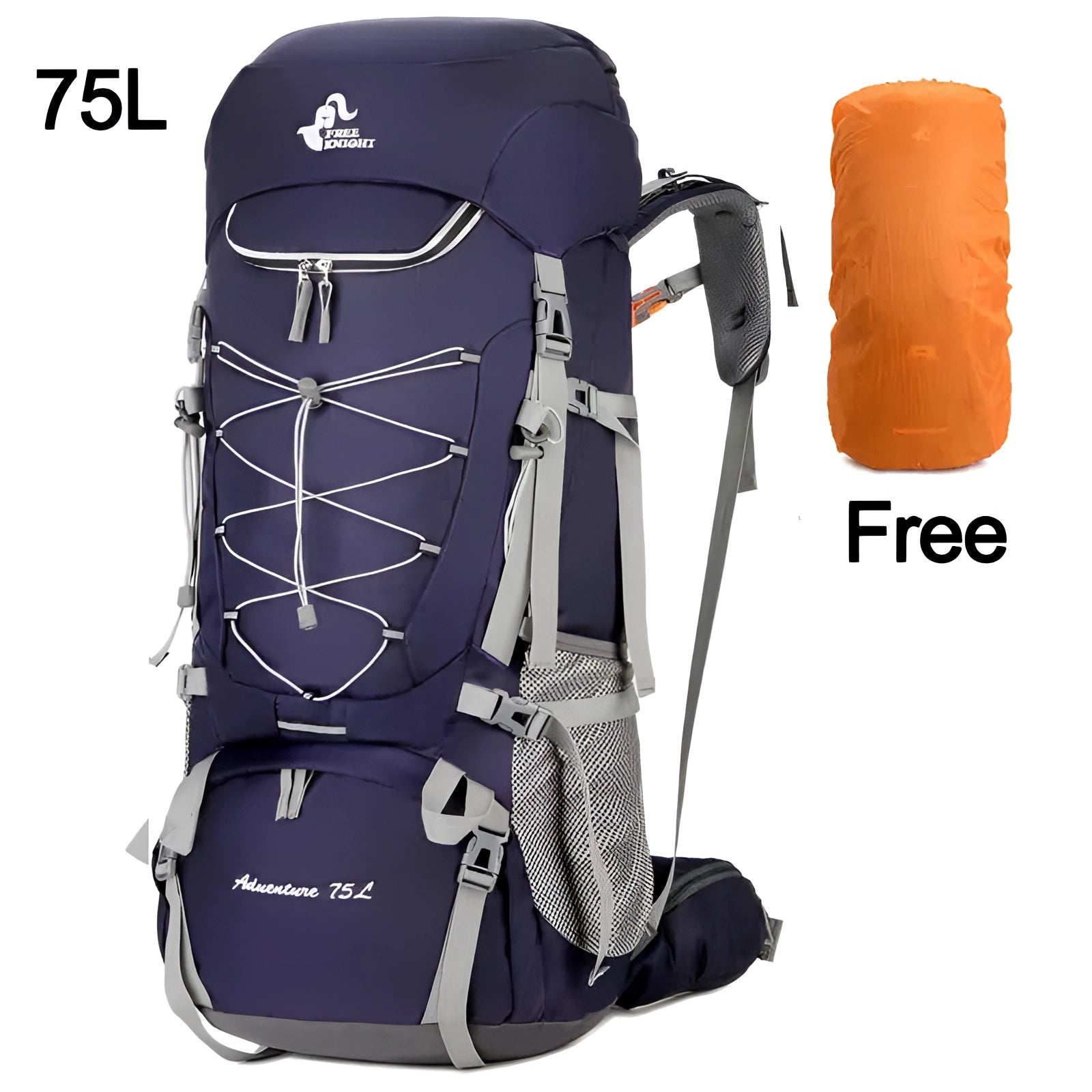 Adventure 75L Purple Waterproof Hiking Backpack with Rain Cover, designed for outdoor sports and hiking, featuring durable materials and ample storage space.