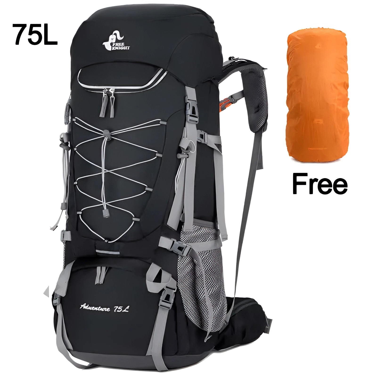 Black Adventure 75L Waterproof Hiking Backpack with Rain Cover, designed for outdoor activities and hiking, featuring multiple compartments and durable material.