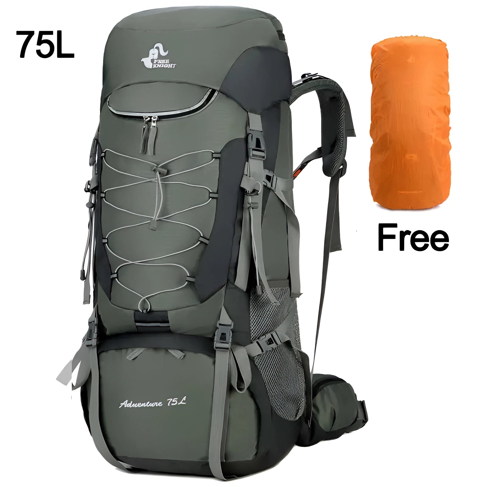 Adventure 75L green waterproof hiking backpack with rain cover, designed for outdoor activities and featuring multiple compartments, adjustable straps, and durable materials.