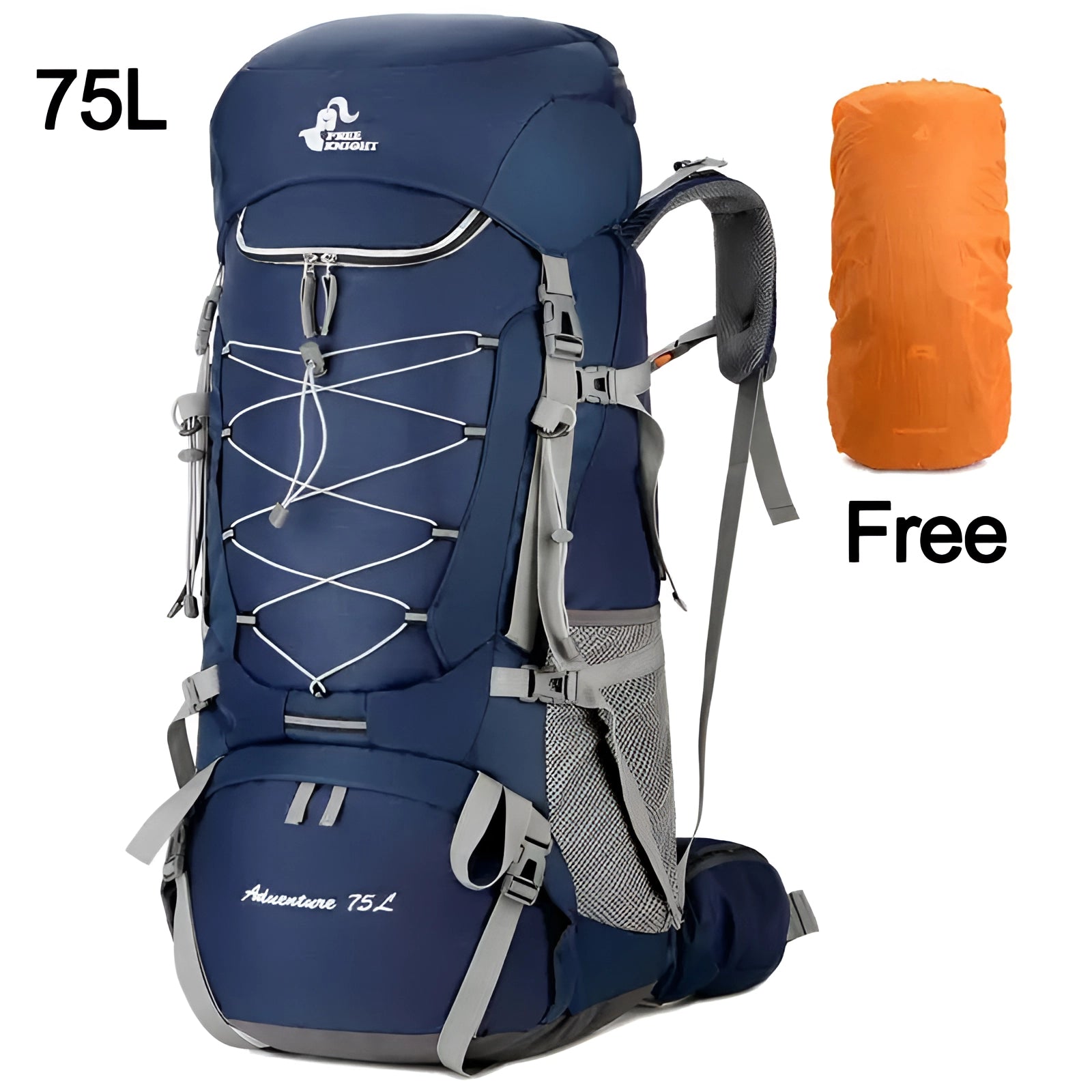 Adventure 75L Blue Waterproof Hiking Backpack with Rain Cover, featuring a spacious design suitable for outdoor sports and recreation, made from durable material in an electric blue color.