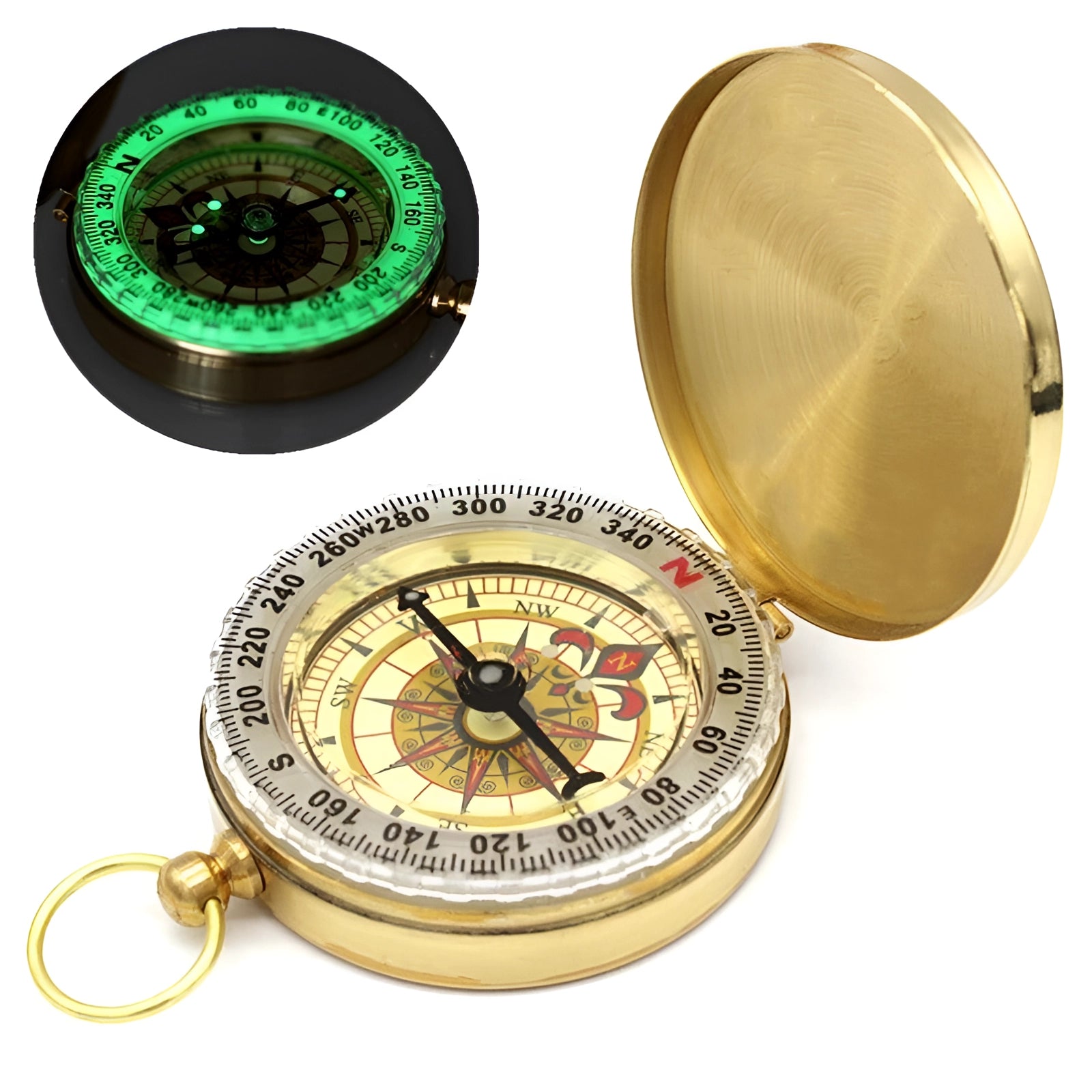 Antique brass pocket compass with glow-in-the-dark features, ideal vintage outdoor tool, circular measuring instrument with metal casing.