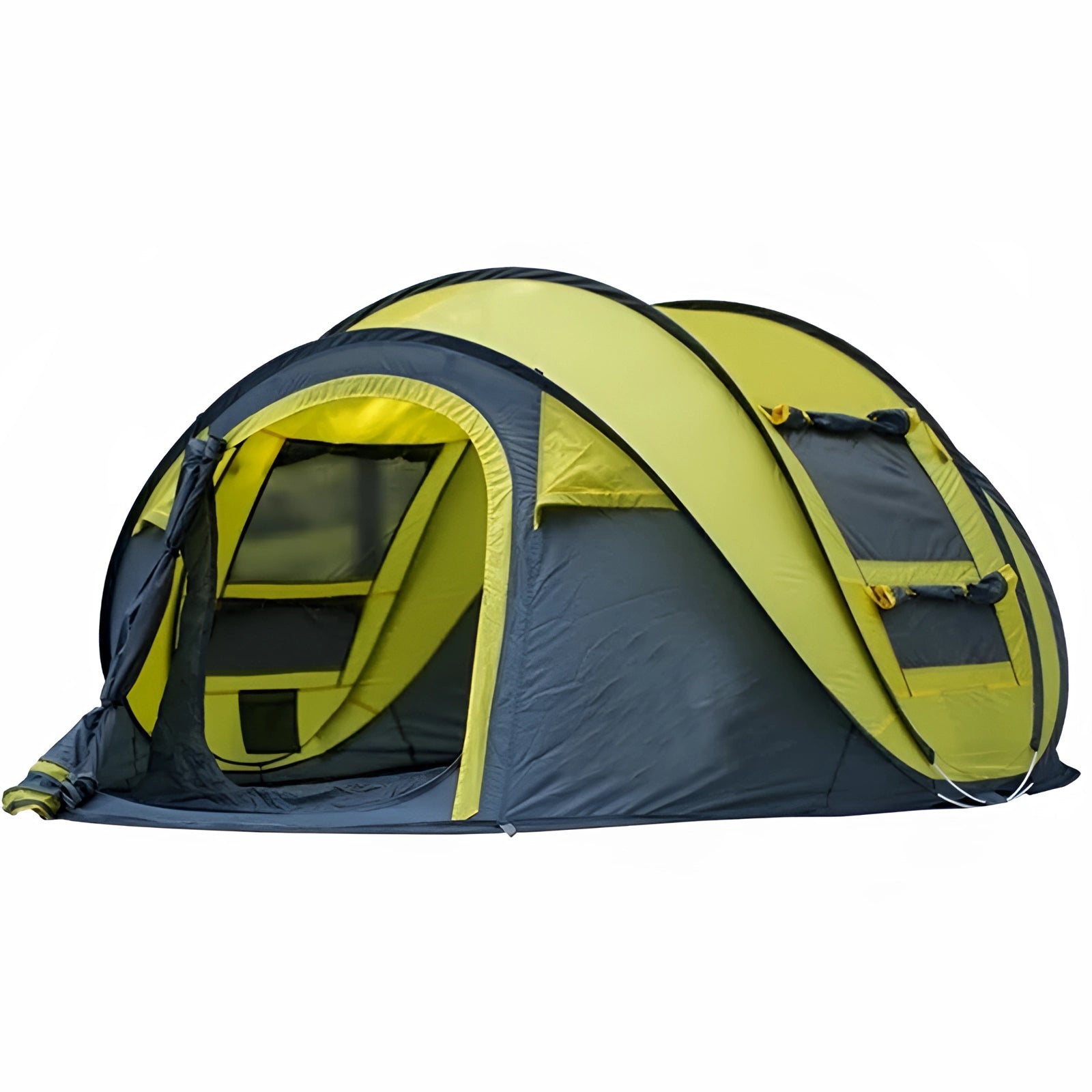 Yellow automatic pop-up camping tent, waterproof and portable, set up instantly on grass.