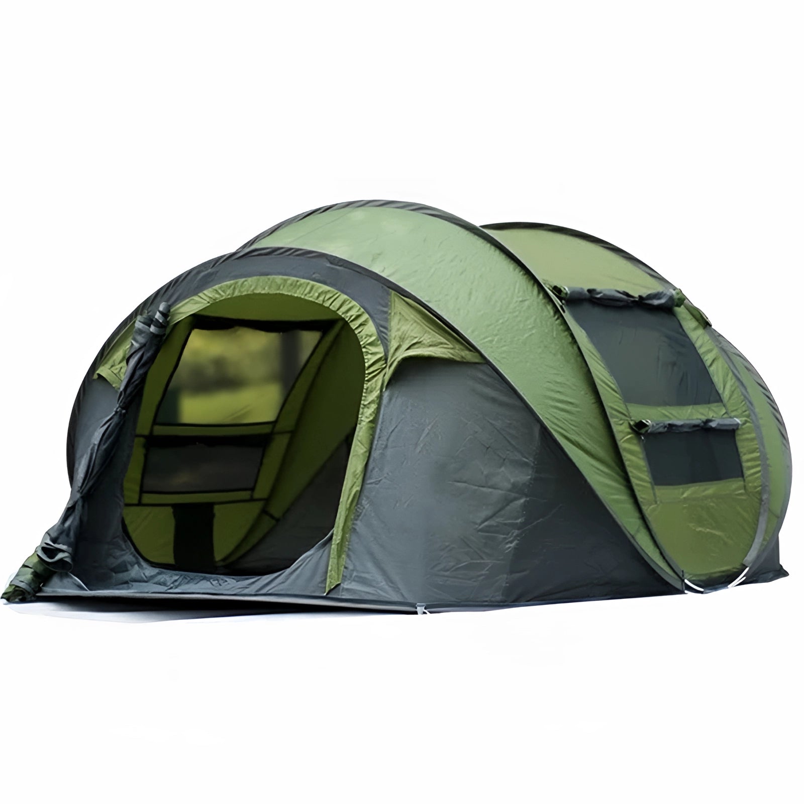 Automatic Pop-Up Camping Tent in Green set up on grass with trees in the background.