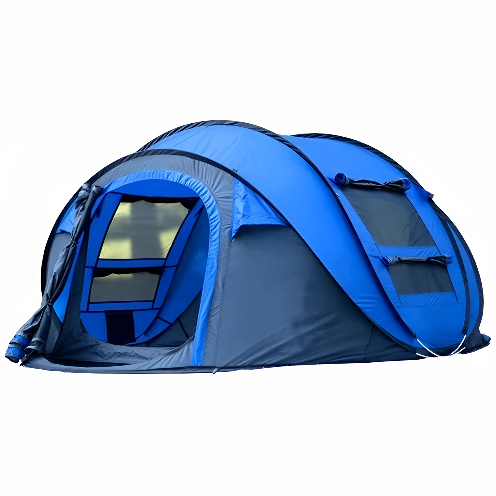 Automatic Pop-Up Camping Tent - Waterproof, Portable, Instant Setup, Blue, set up in an outdoor setting surrounded by grass and trees.