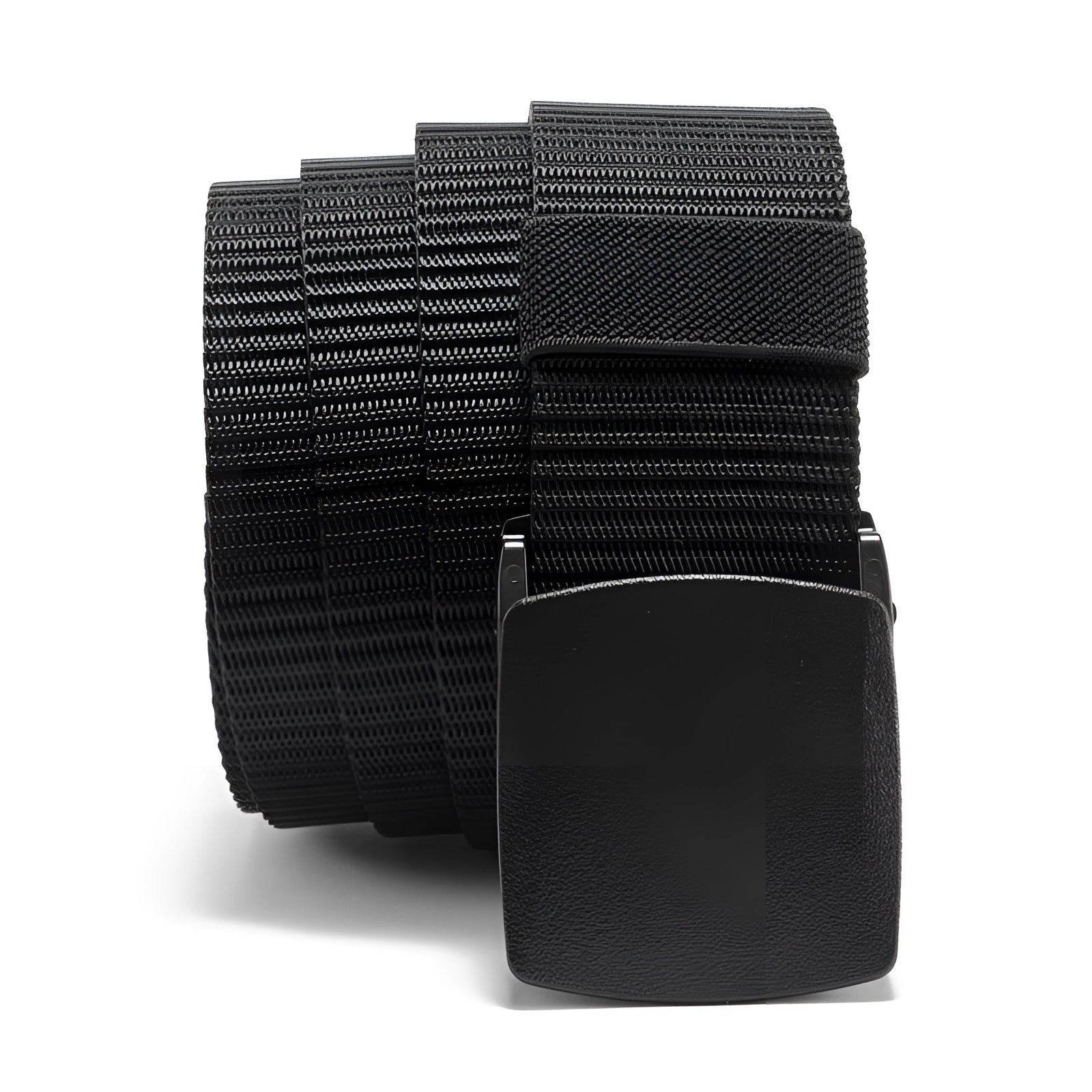 Black heavy-duty tactical belt made of adjustable nylon with a quick-release buckle, displayed coiled against a plain background.