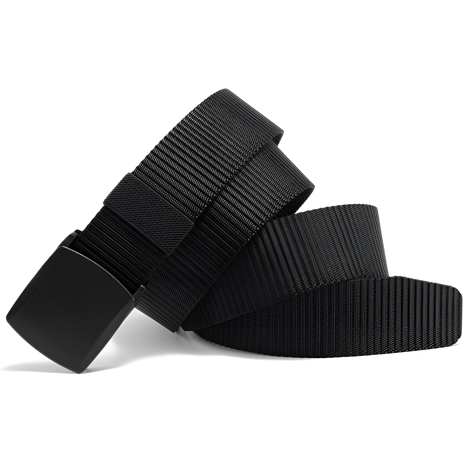 Black heavy-duty tactical belt made of adjustable nylon with a quick-release metal buckle, displayed on a flat surface.