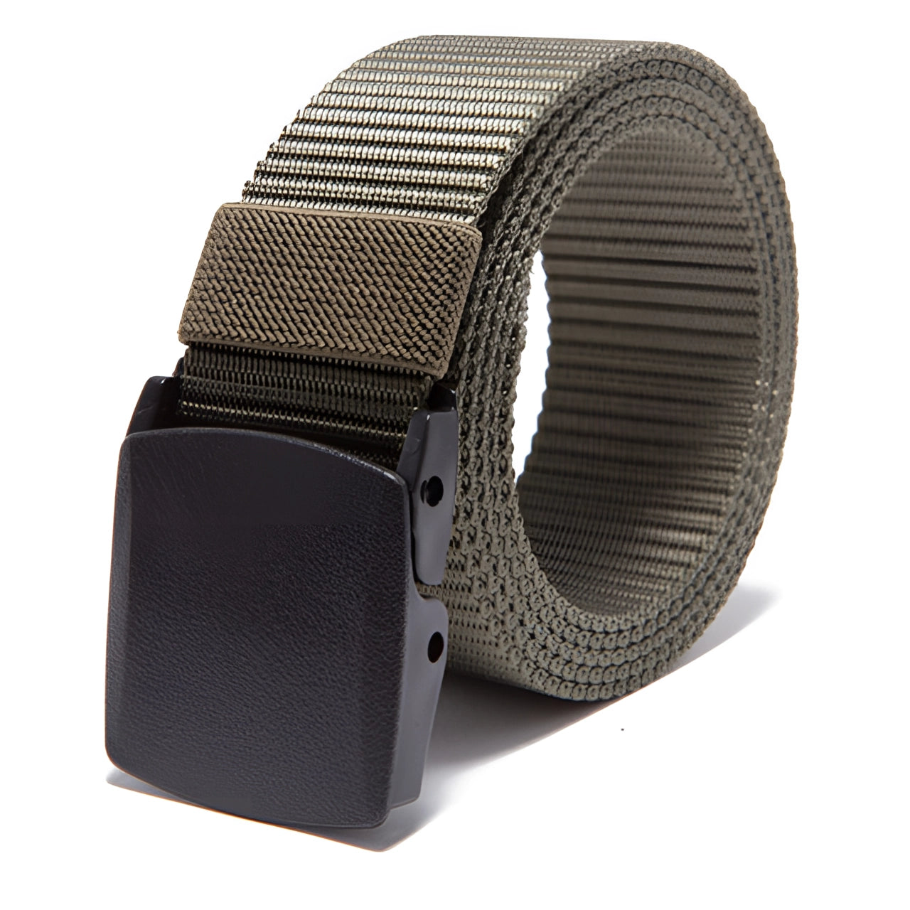 Black heavy-duty tactical belt made of adjustable nylon with a quick-release buckle, displayed on a plain background.