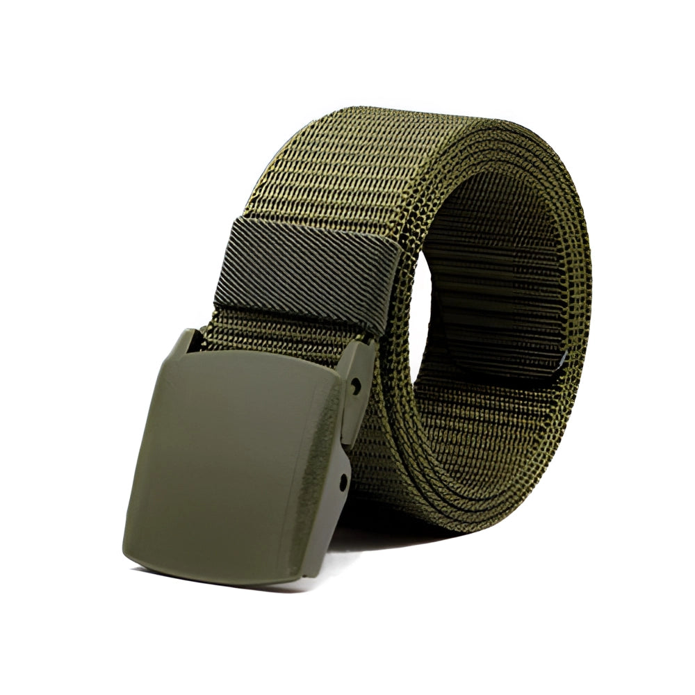 Black heavy-duty tactical belt made of adjustable nylon with a quick-release buckle, displayed against a plain background.