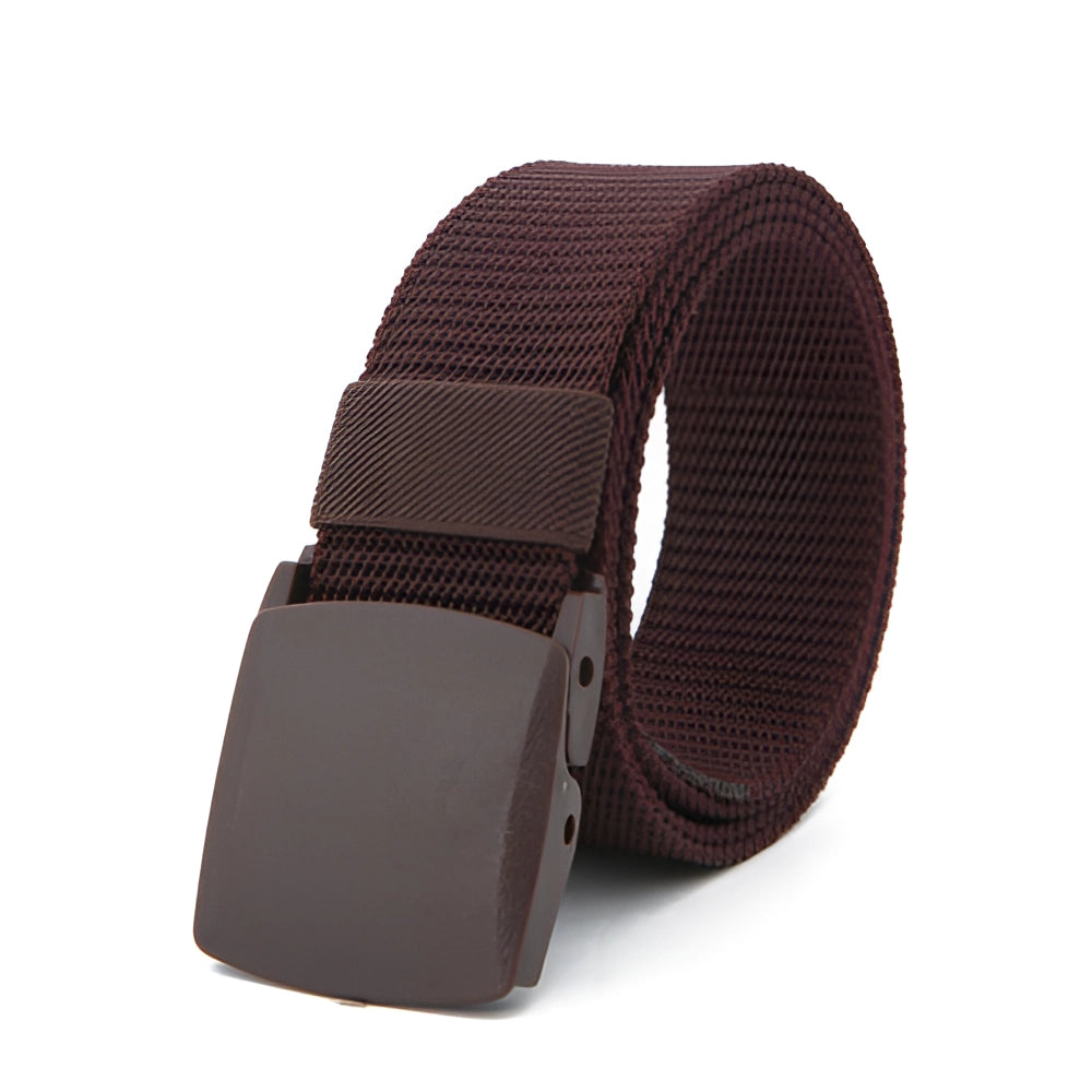 Black heavy-duty tactical belt made of adjustable nylon with a quick-release buckle, shown in brown variant.