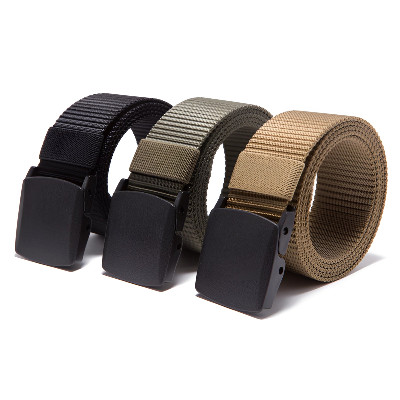 A black heavy-duty tactical belt made from adjustable nylon with a quick-release buckle displayed on a plain background.