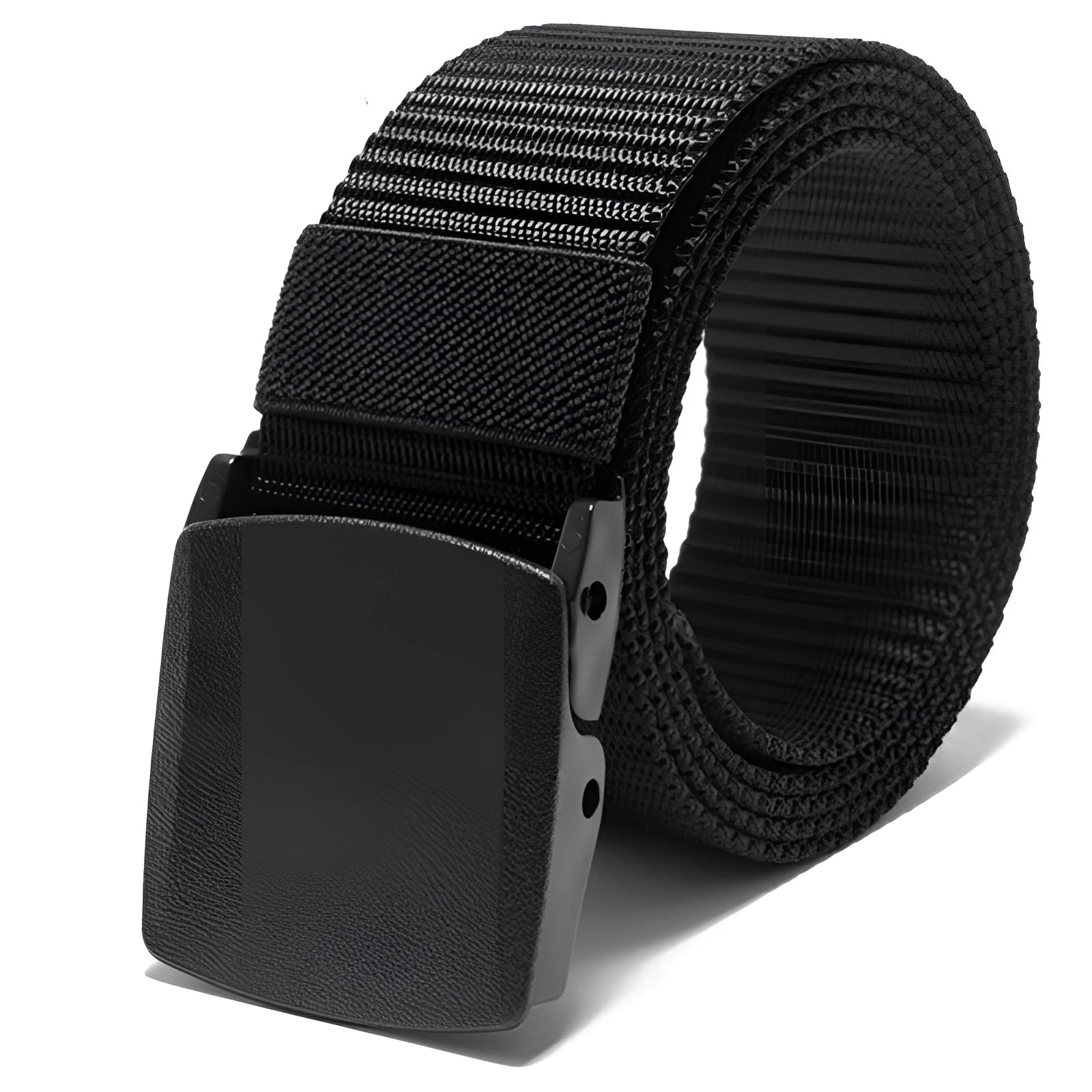 Black heavy-duty tactical belt made of adjustable nylon with a quick-release buckle displayed on a white background.