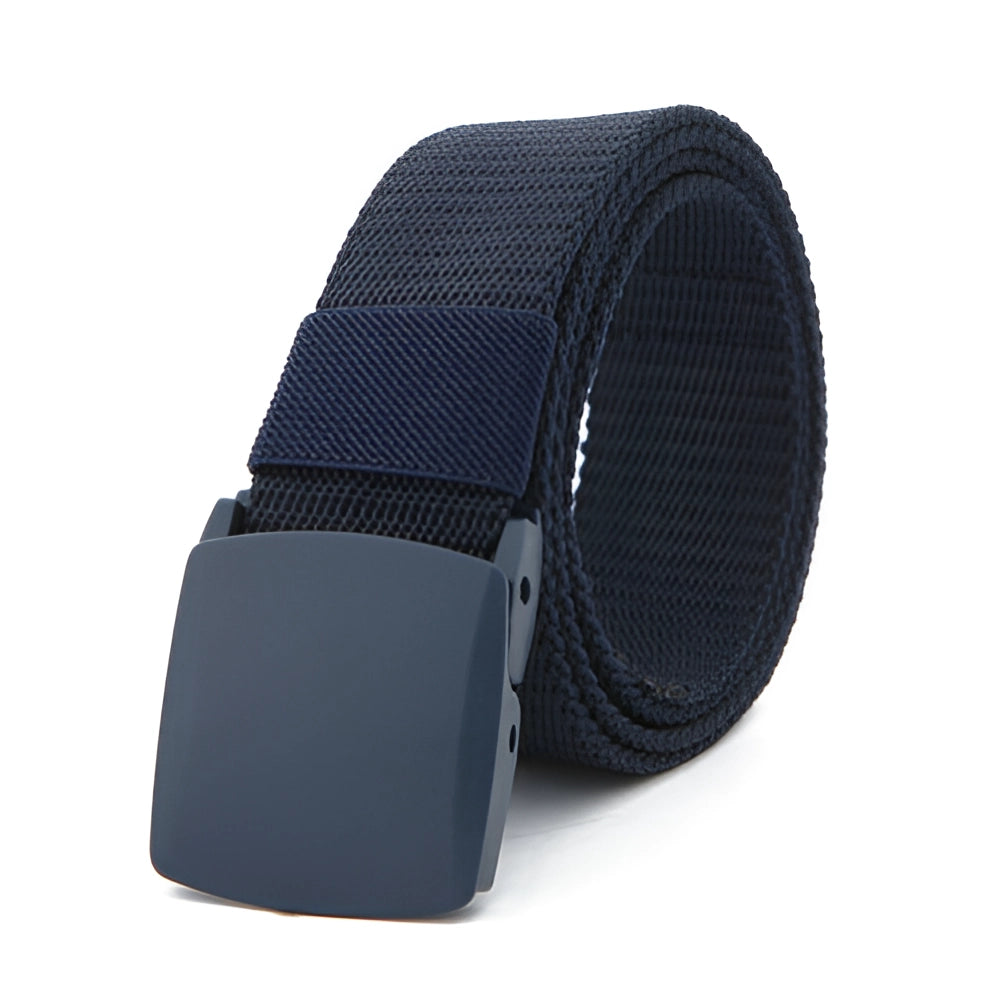 Black Heavy-Duty Tactical Belt made of adjustable nylon with a quick-release buckle, shown in a navy color.