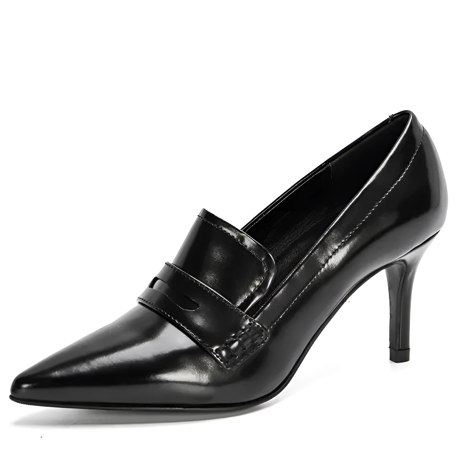 Black leather pointed toe pumps with high heels, designed as elegant women's dress shoes, suitable for formal events and fashion-forward occasions.