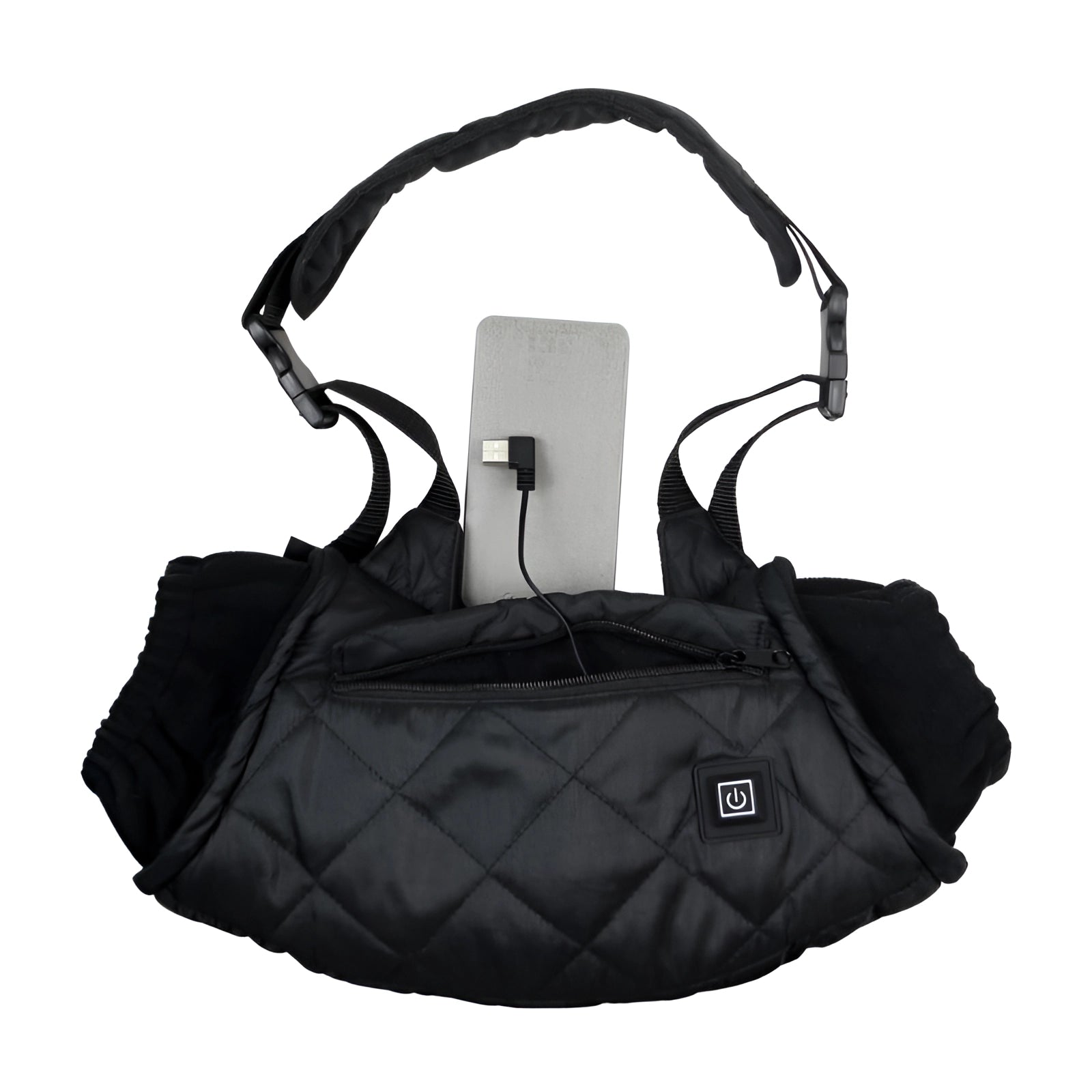 Black quilted handbag with USB charging port, adjustable strap, and mobile pocket.