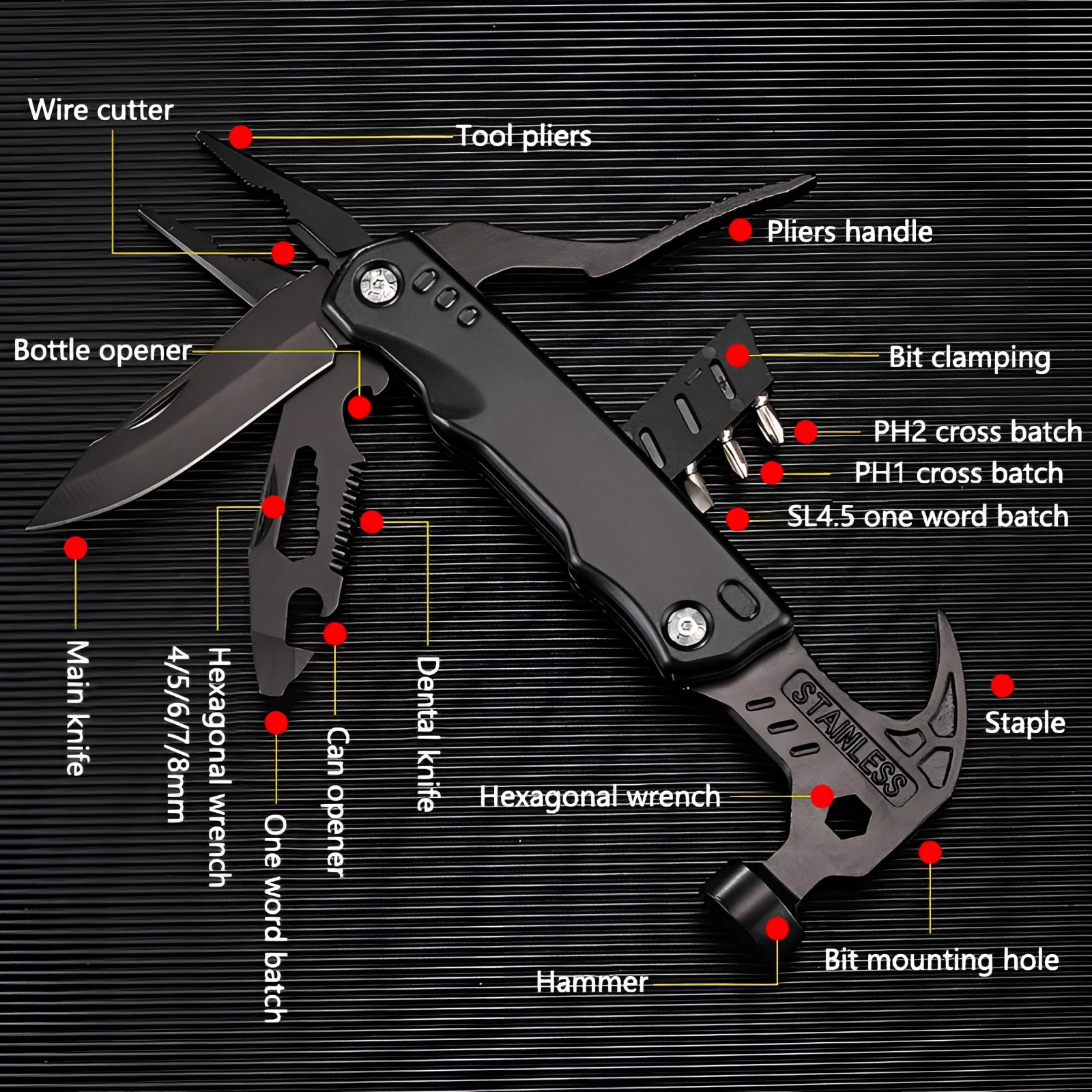 Black stainless steel multi-tool knife with various tools extended, designed for tactical and compact outdoor survival use.