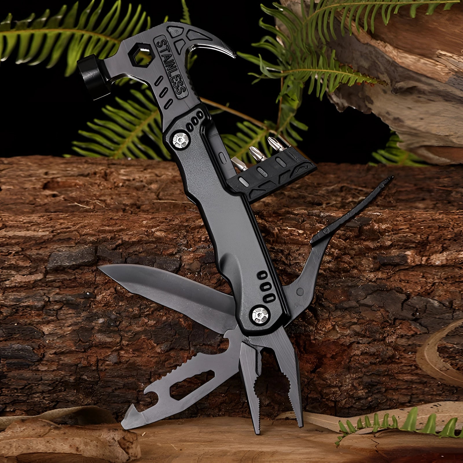 Black stainless steel multi-tool knife placed on a wooden surface outdoors, surrounded by plants and tree trunks.