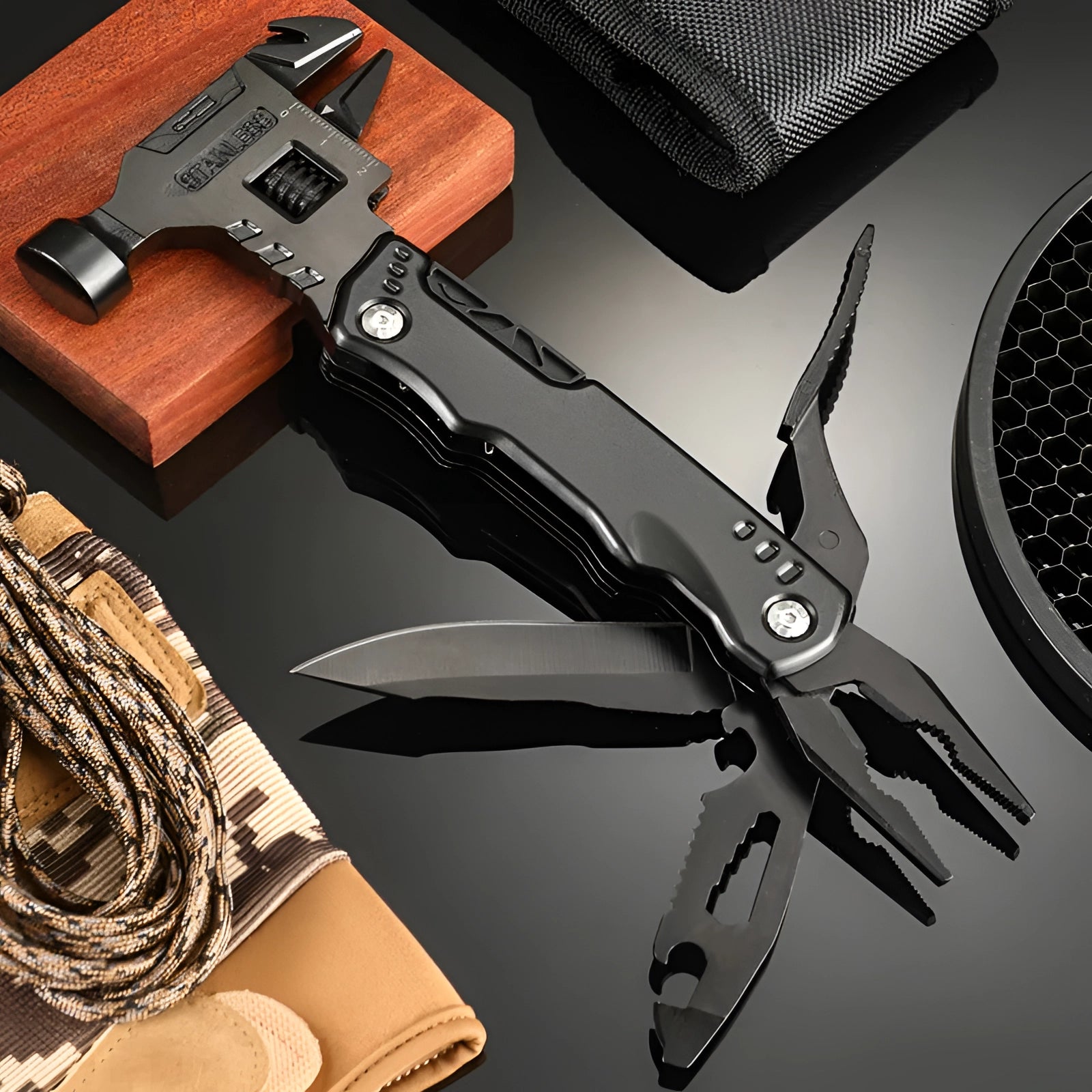 Compact black stainless steel multi-tool knife with various blades and tools, designed for tactical and outdoor survival.