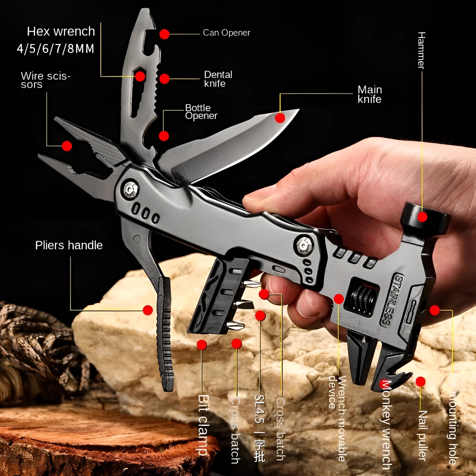 Compact black stainless steel multi-tool knife with various attachments including pliers, scissors, and a small blade, ideal for outdoor survival and tactical use.