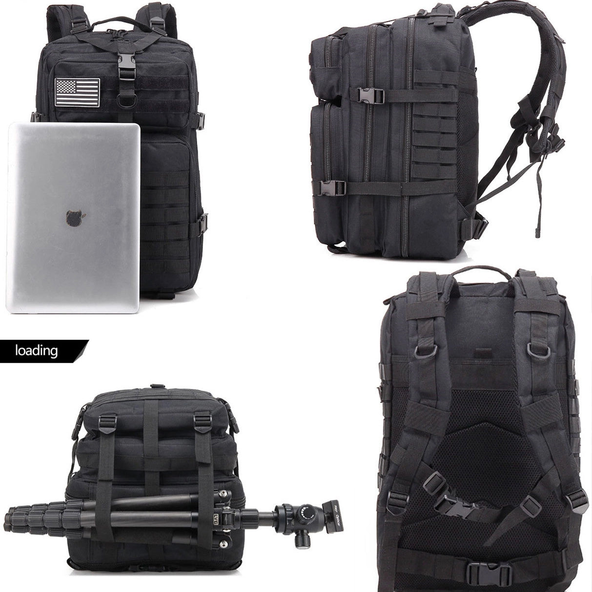 Black tactical backpack with MOLLE system, water-resistant, 45L capacity, and multiple compartments.