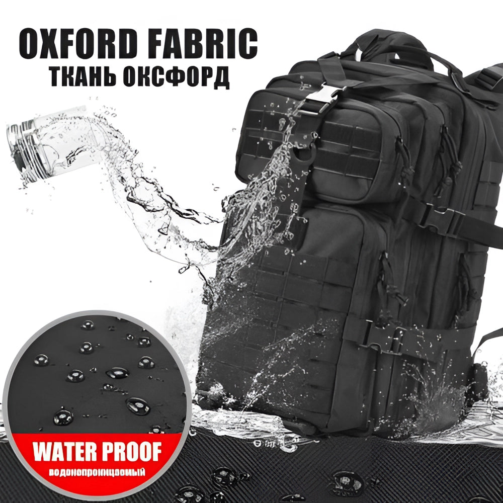 Black tactical backpack with MOLLE system, water-resistant, 45L capacity, and multiple compartments.