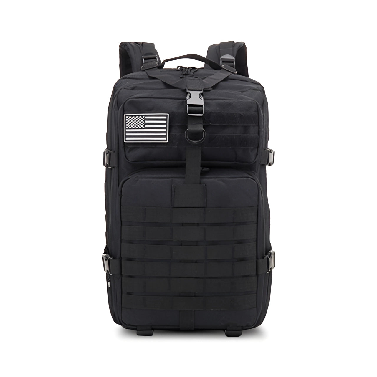 Black tactical backpack with MOLLE system, water-resistant, 45L capacity, featuring multiple compartments.