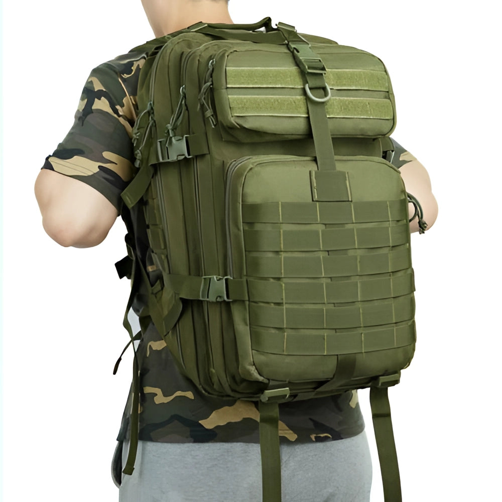 Black tactical backpack, MOLLE system, water-resistant, 45L capacity, multiple compartments.