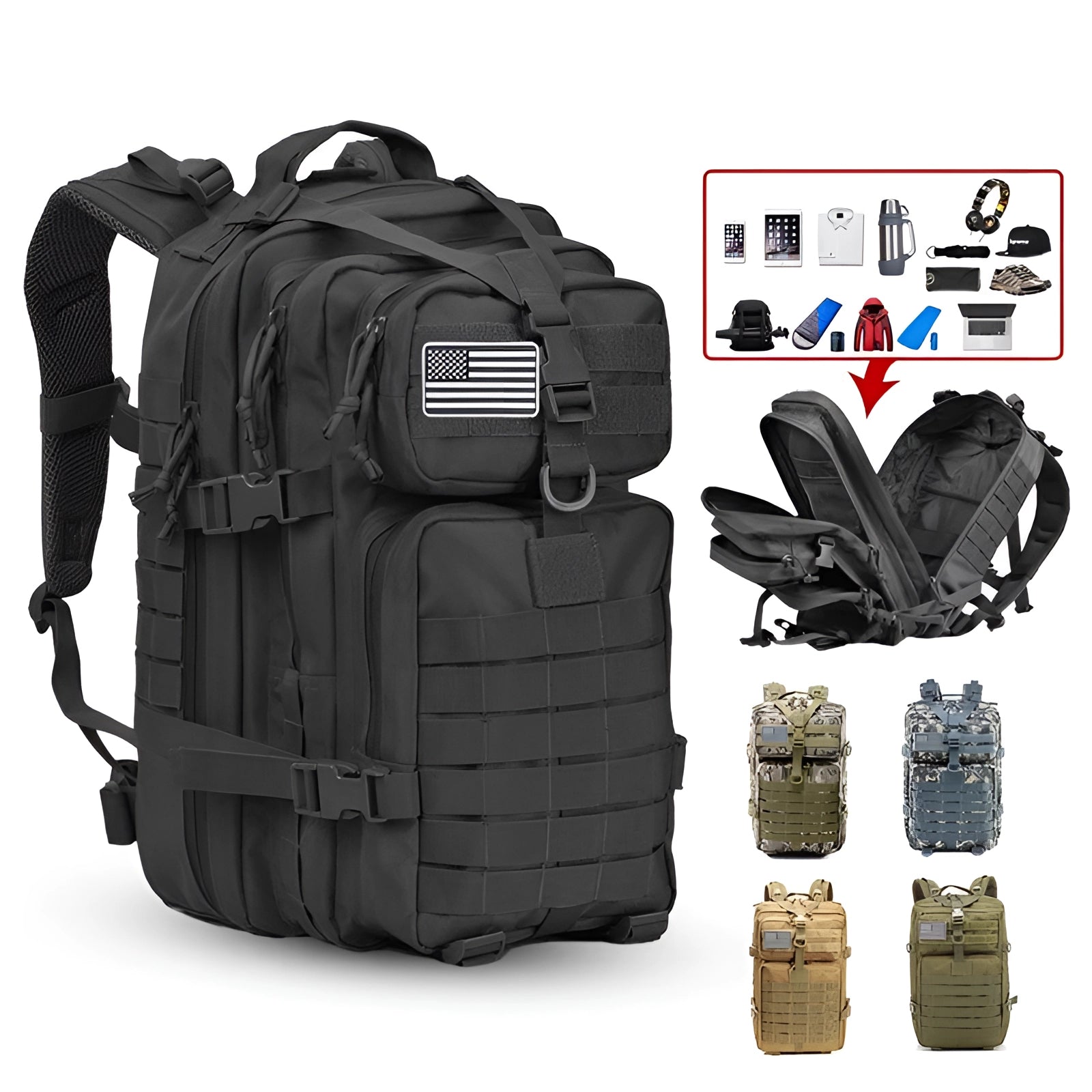 Black tactical backpack with MOLLE webbing, water-resistant fabric, 45-liter capacity, and multiple compartments.