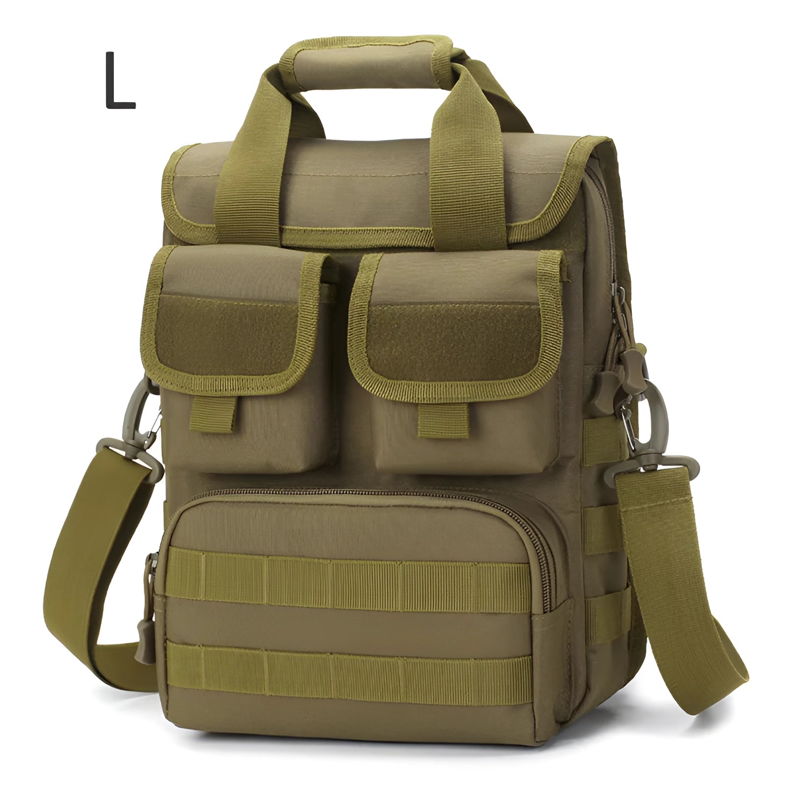 Brown tactical camera backpack with a rugged, waterproof design, featuring multiple compartments and a rectangular shape, suitable for travel and use as a fashion accessory.