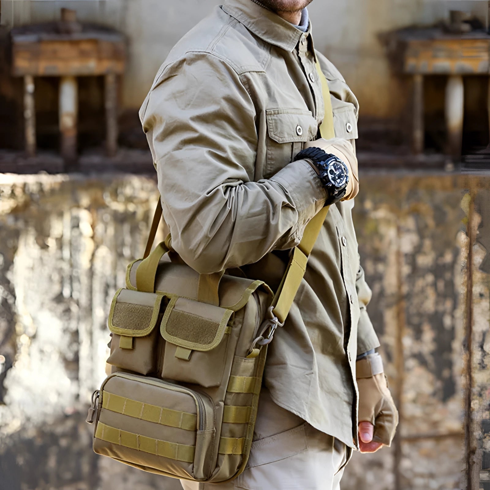 Black tactical camera backpack with a rugged design and multiple compartments, featuring a waterproof exterior, shown in use by a person wearing a military-style uniform and sunglasses, with hands interacting with the bag.