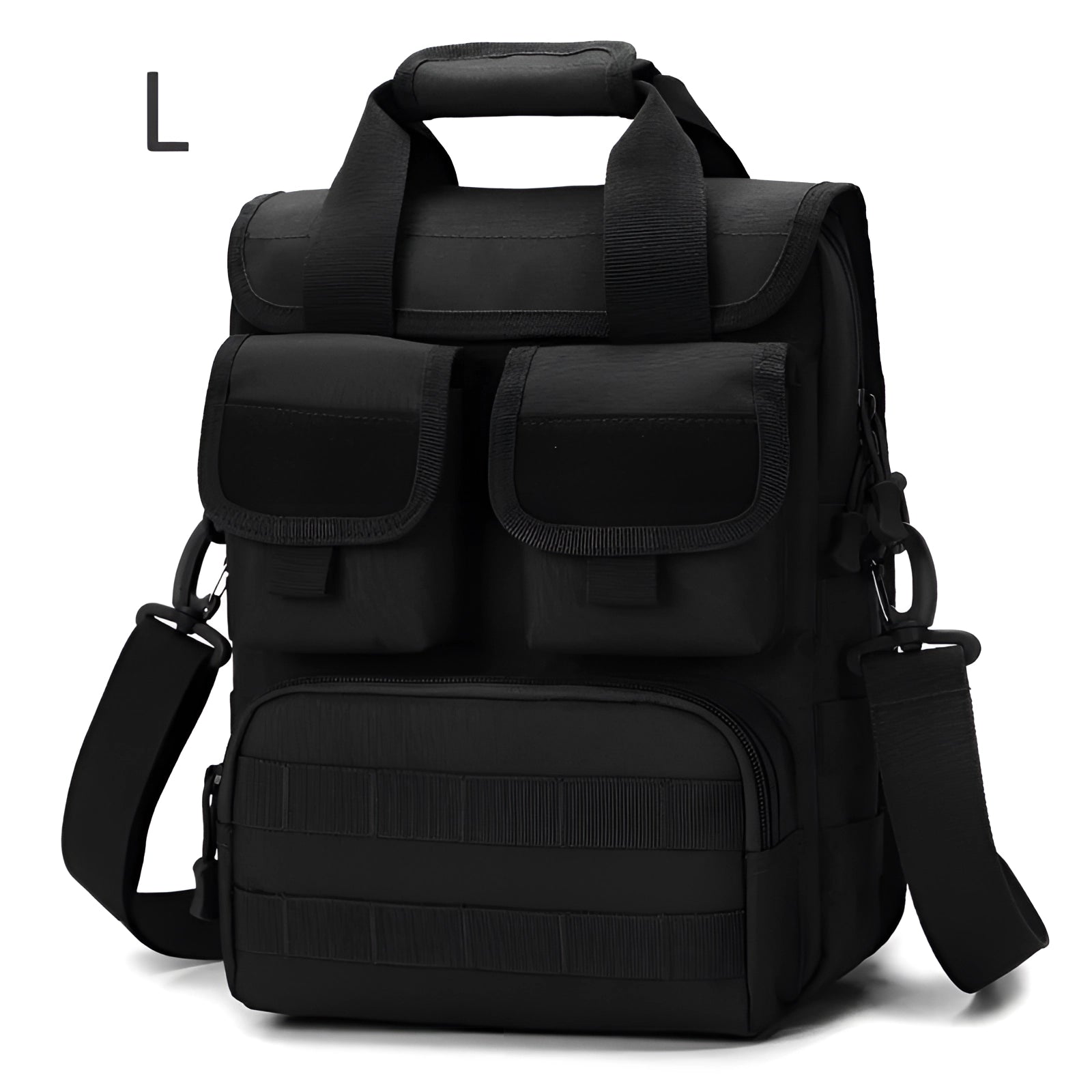 Black tactical camera backpack with waterproof and rugged design, featuring multiple compartments, straps, and a rectangular shape.