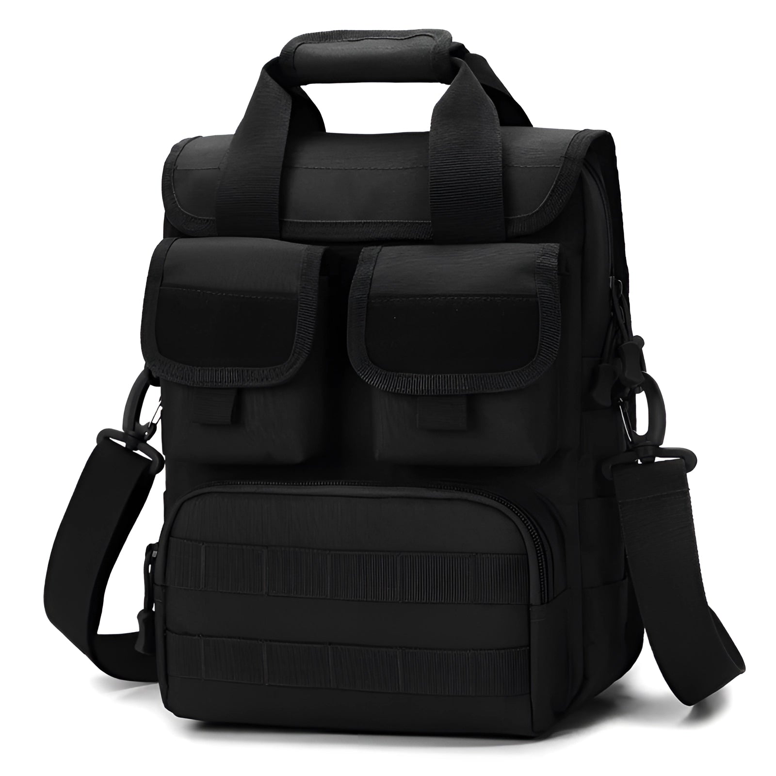 Tactical black camera backpack with multiple compartments and rugged design, featuring adjustable straps, waterproof material, and a rectangular shape.