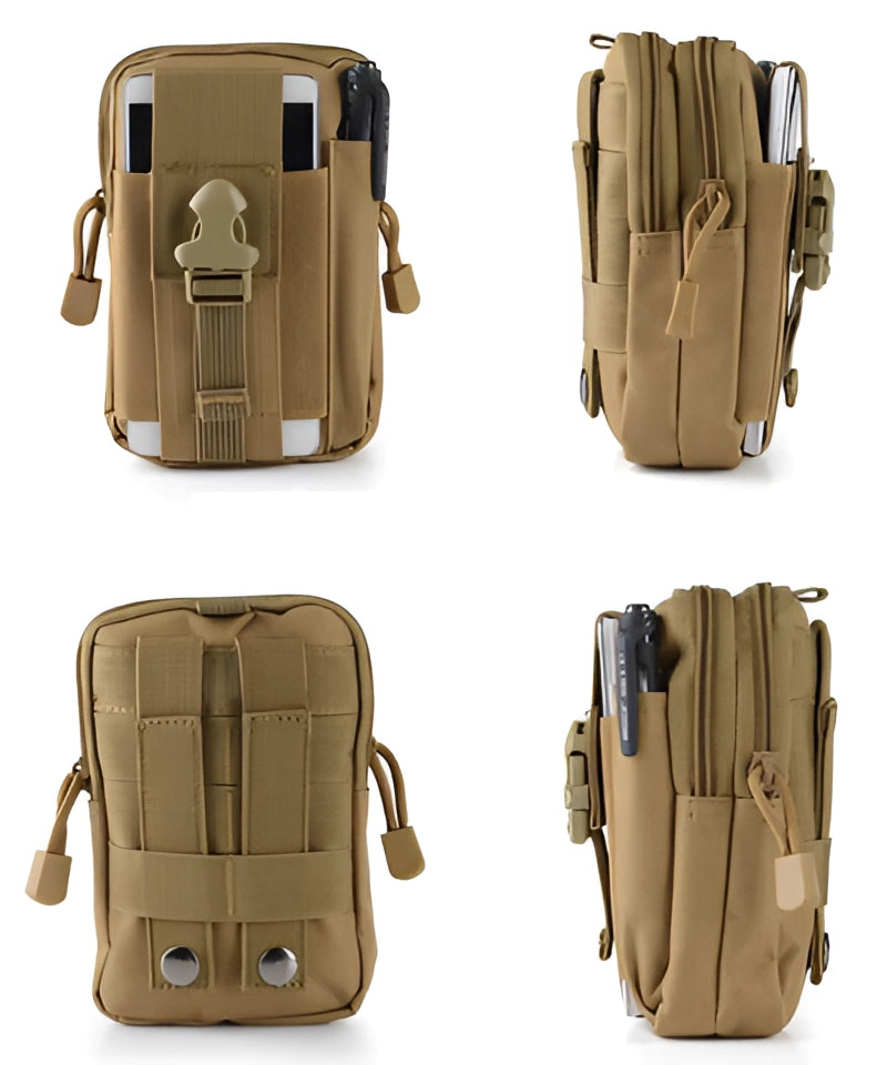 Black Tactical Military Grade EDC Phone Holster - Secure, Durable, Lightweight, with khaki pattern and beige material properties, designed for easy everyday carry and organization.