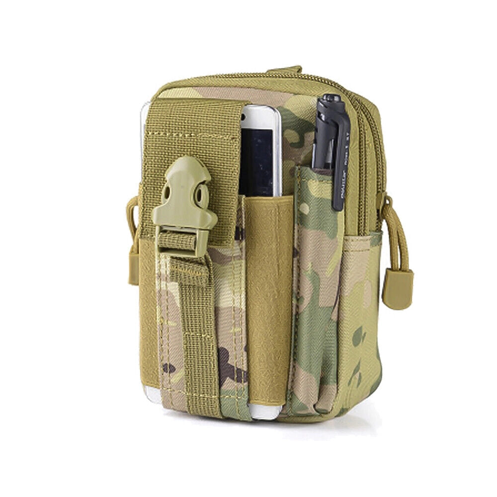 Black tactical military grade EDC phone holster, secure and durable, lightweight design, rectangular shape, suitable for travel and daily use.