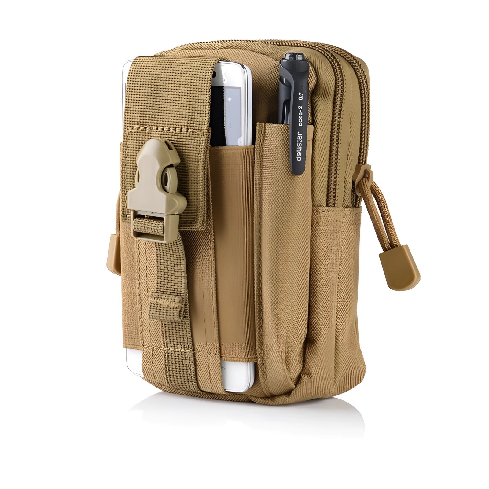 Black Tactical Military Grade EDC Phone Holster, Secure, Durable, Lightweight, with Khaki Strap and Sleeve.