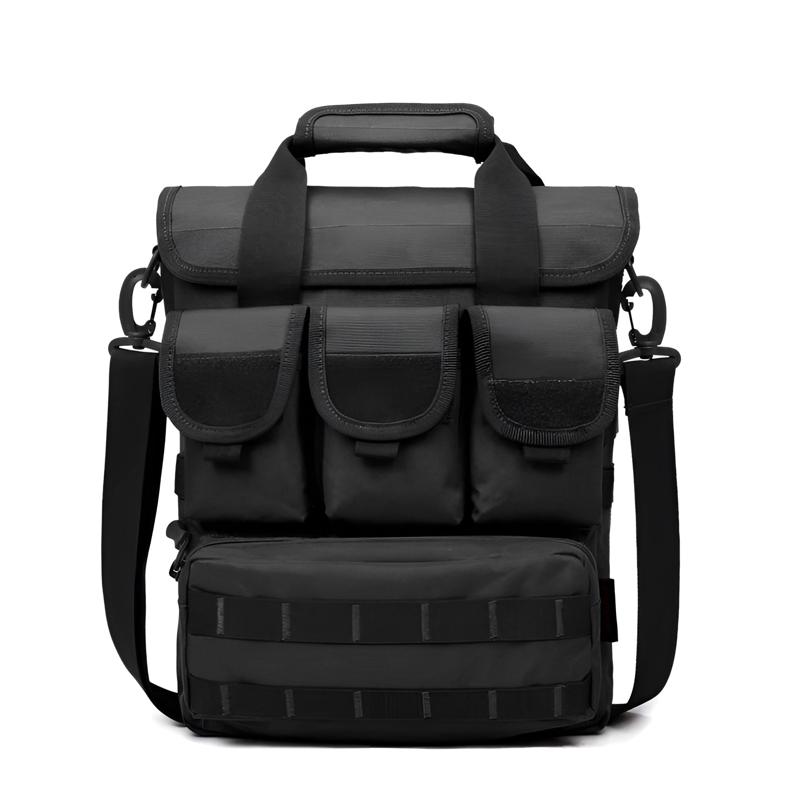 Black tactical shoulder bag with MOLLE webbing, featuring a water-resistant material, rectangular shape, and adjustable strap for crossbody wear.