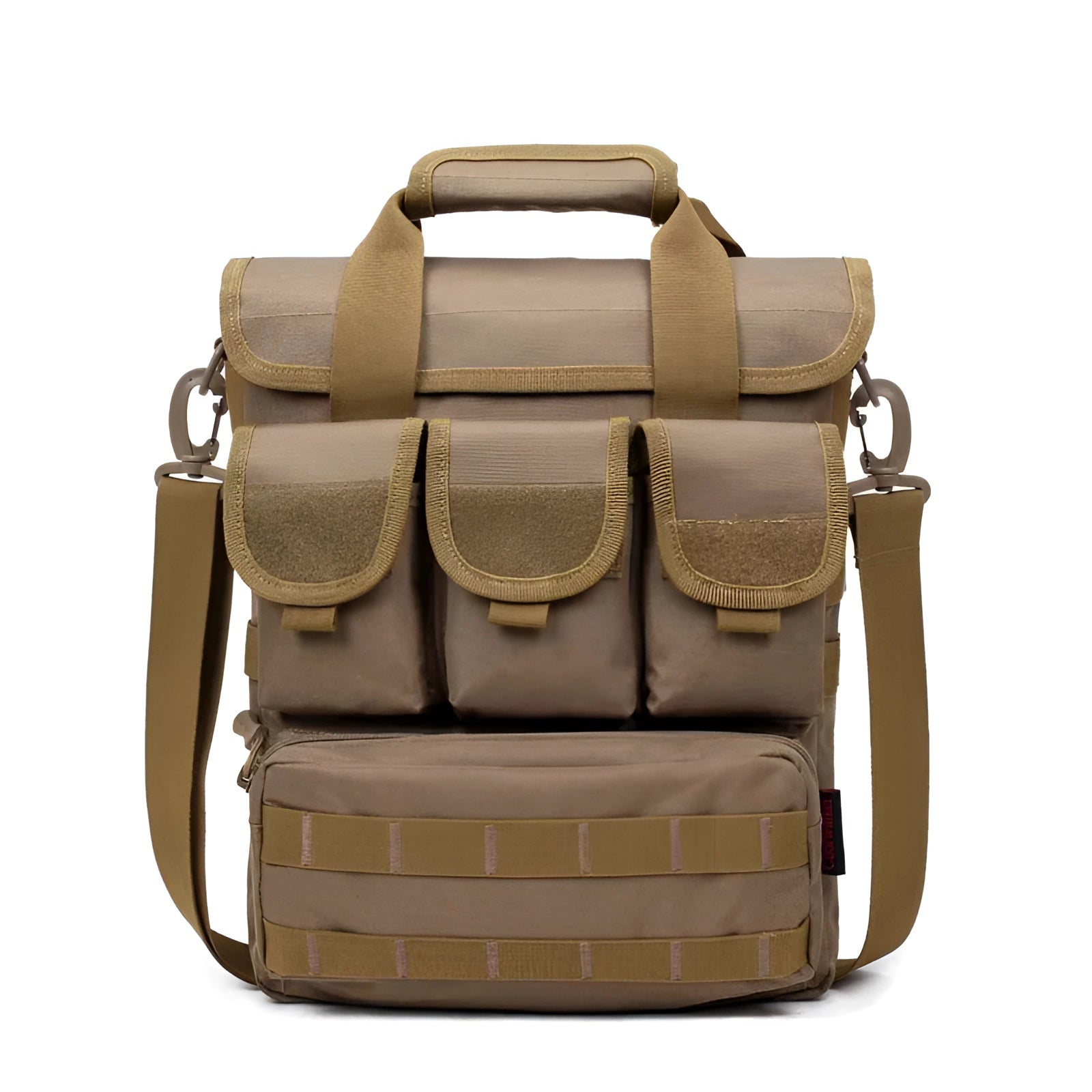 Khaki tactical shoulder bag with a rectangular shape, featuring water-resistant material and MOLLE webbing, designed as a crossbody fashion accessory with an adjustable strap.