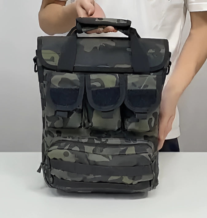 Black tactical shoulder bag designed for crossbody wear, featuring water-resistant material and MOLLE webbing system, showcased in a sleek black and camouflage pattern.