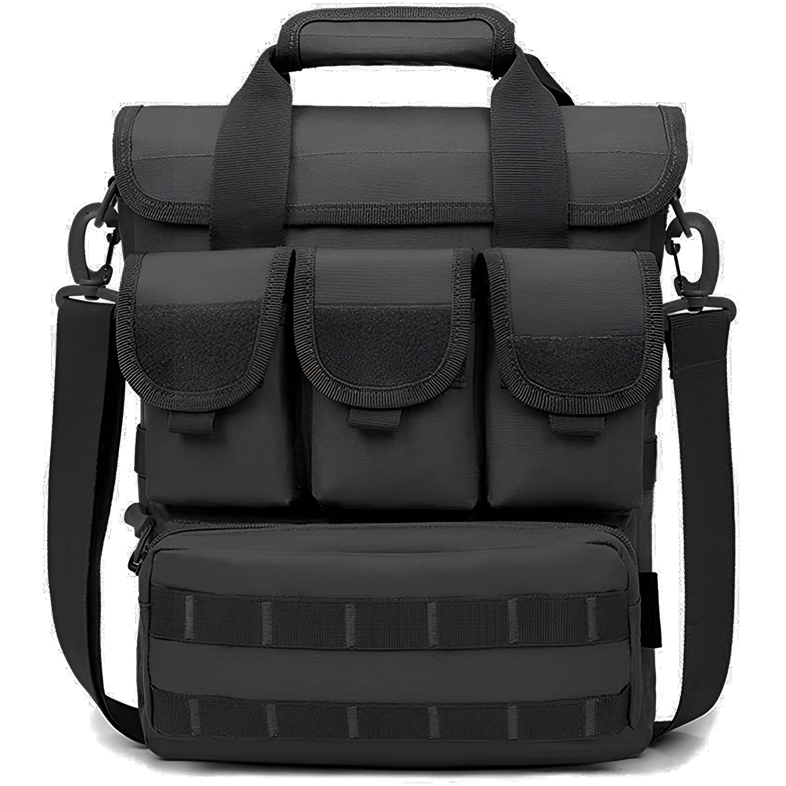 Black tactical shoulder bag with a rectangular shape, featuring a water-resistant material and MOLLE webbing design, equipped with an adjustable crossbody strap.