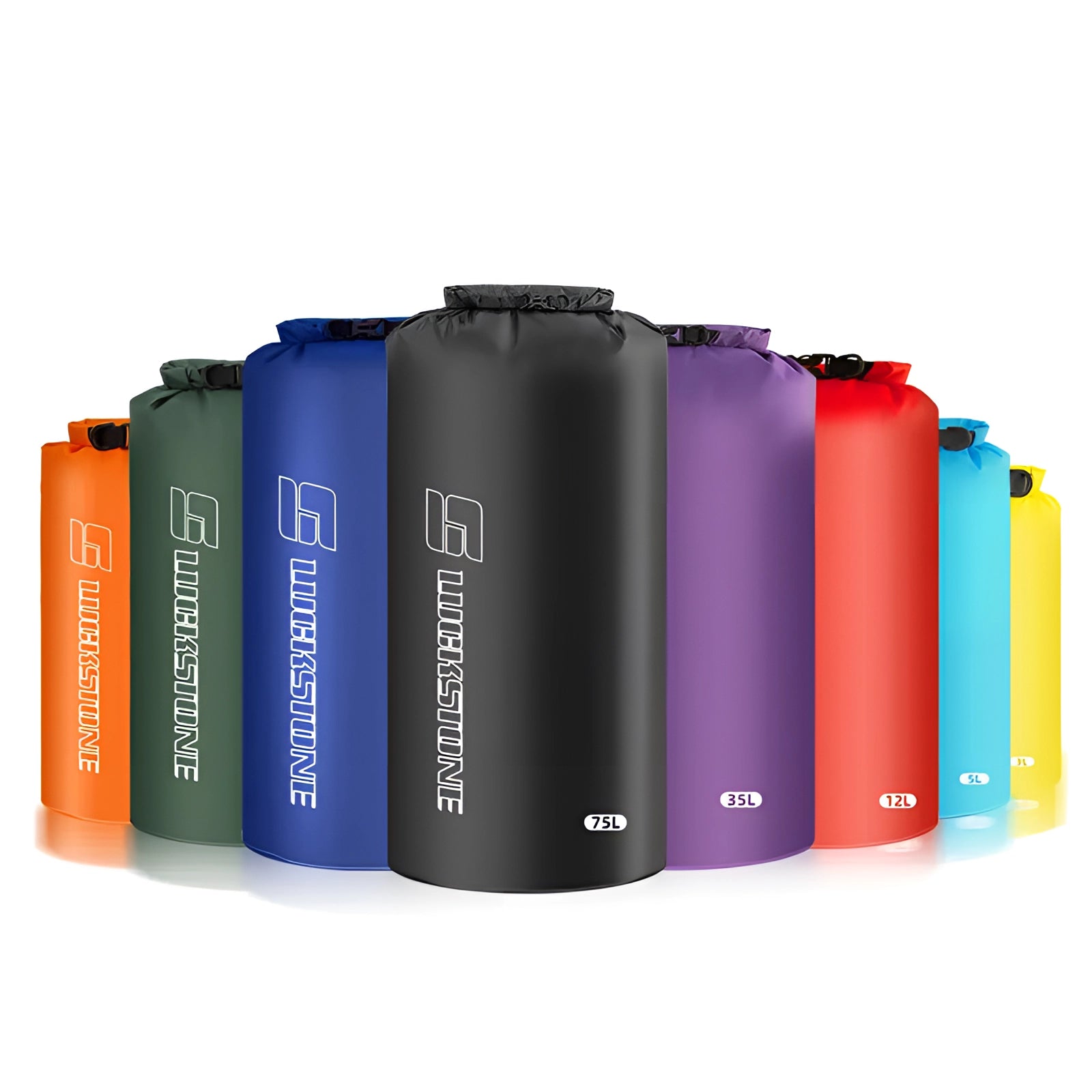 A Blackstone Waterproof Ultralight Dry Bag in various sizes (5L, 10L, 20L), featuring a roll-top closure, displayed in vibrant colors with logo visible.