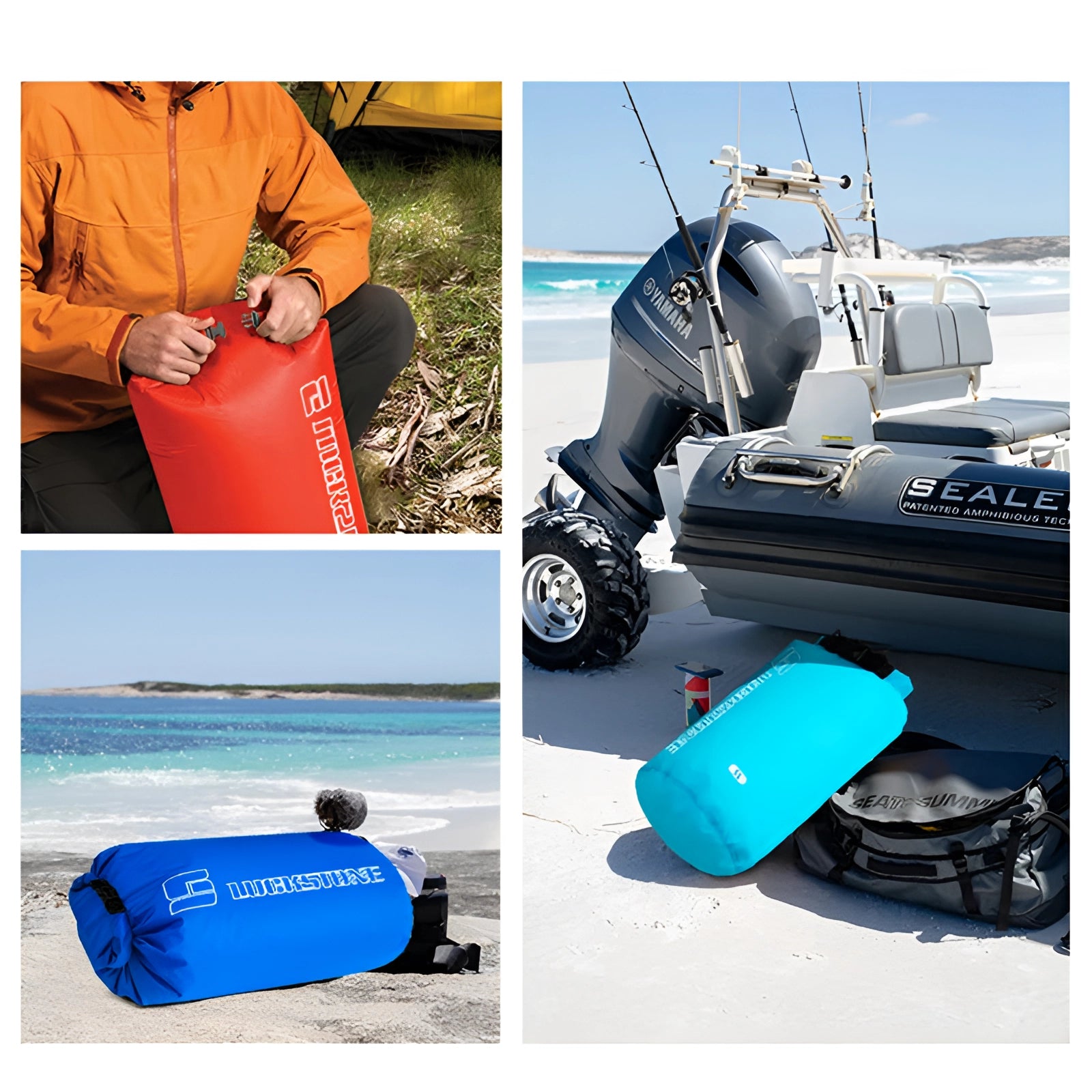 A Blackstone Waterproof Ultralight Dry Bag in 5L size with a roll-top closure, shown in an outdoor travel setting.