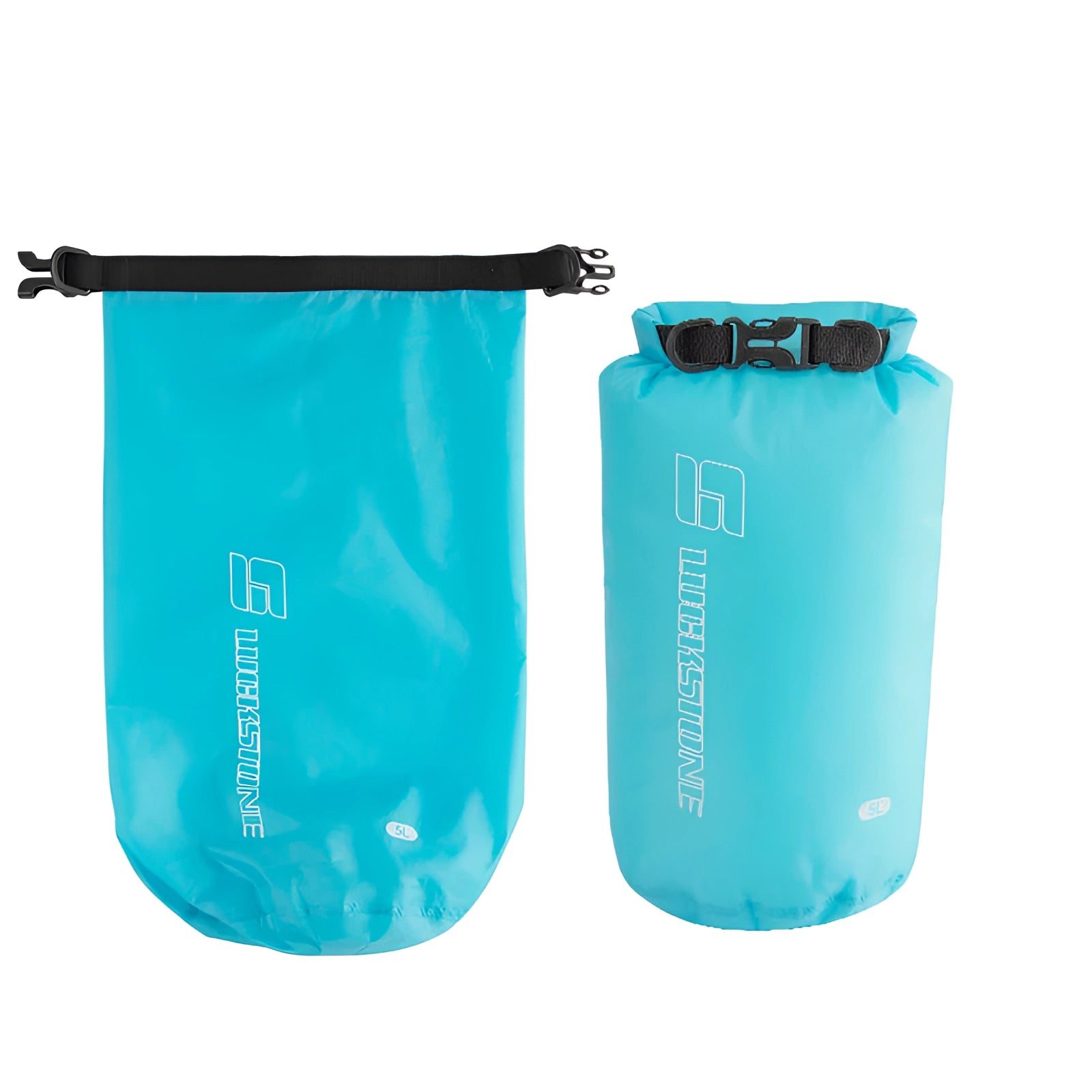 Blackstone Waterproof Ultralight Dry Bag in various capacities (5L, 10L, 20L), roll-top design, bright blue color, rectangular shape.