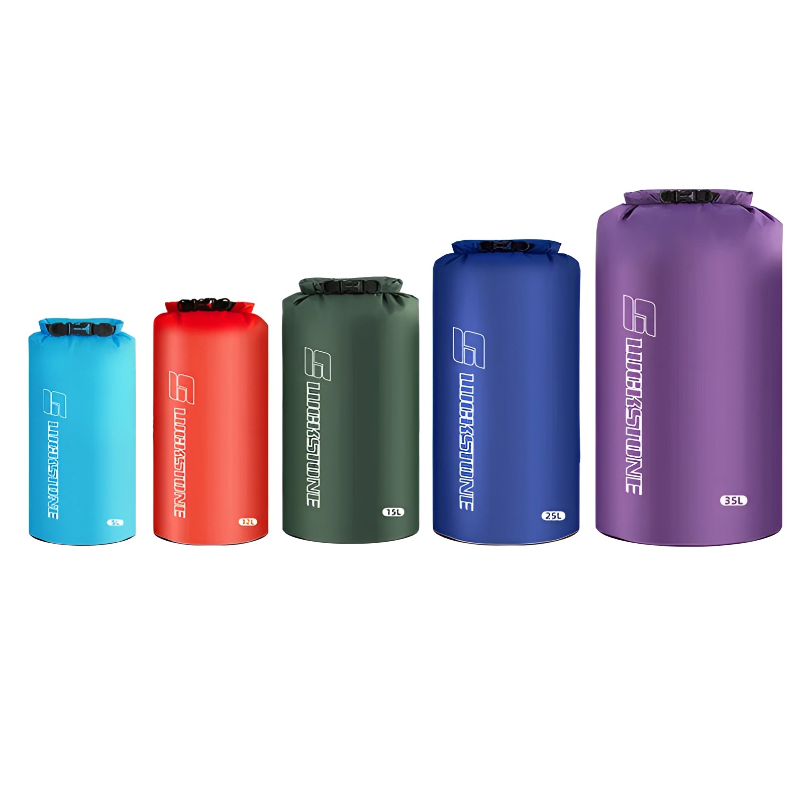 Blackstone Waterproof Ultralight Dry Bag in various sizes (5L, 10L, 20L) with roll-top closure in black and blue colors.