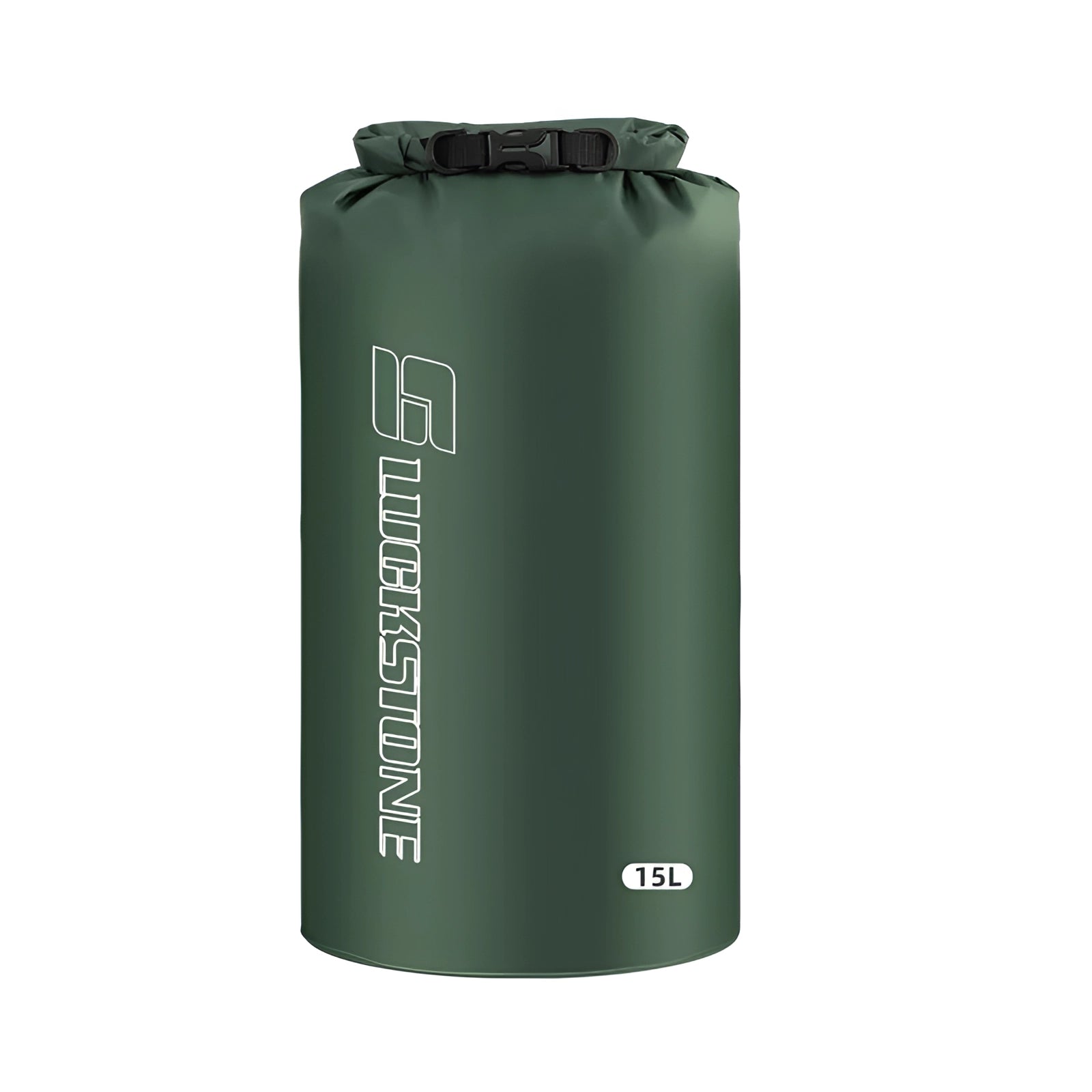 Dark green cylindrical Blackstone Waterproof Ultralight Dry Bag with roll-top closure, 15L capacity, ideal for protecting gear from water and moisture.